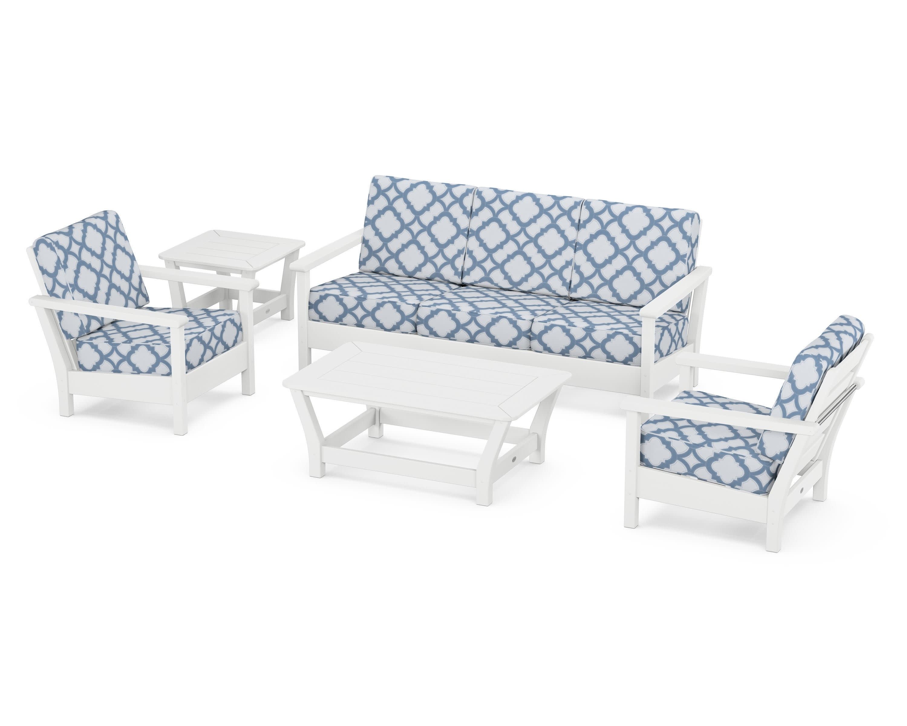 Harbour 5-Piece Deep Seating Set in White / Trellis Sky Blue