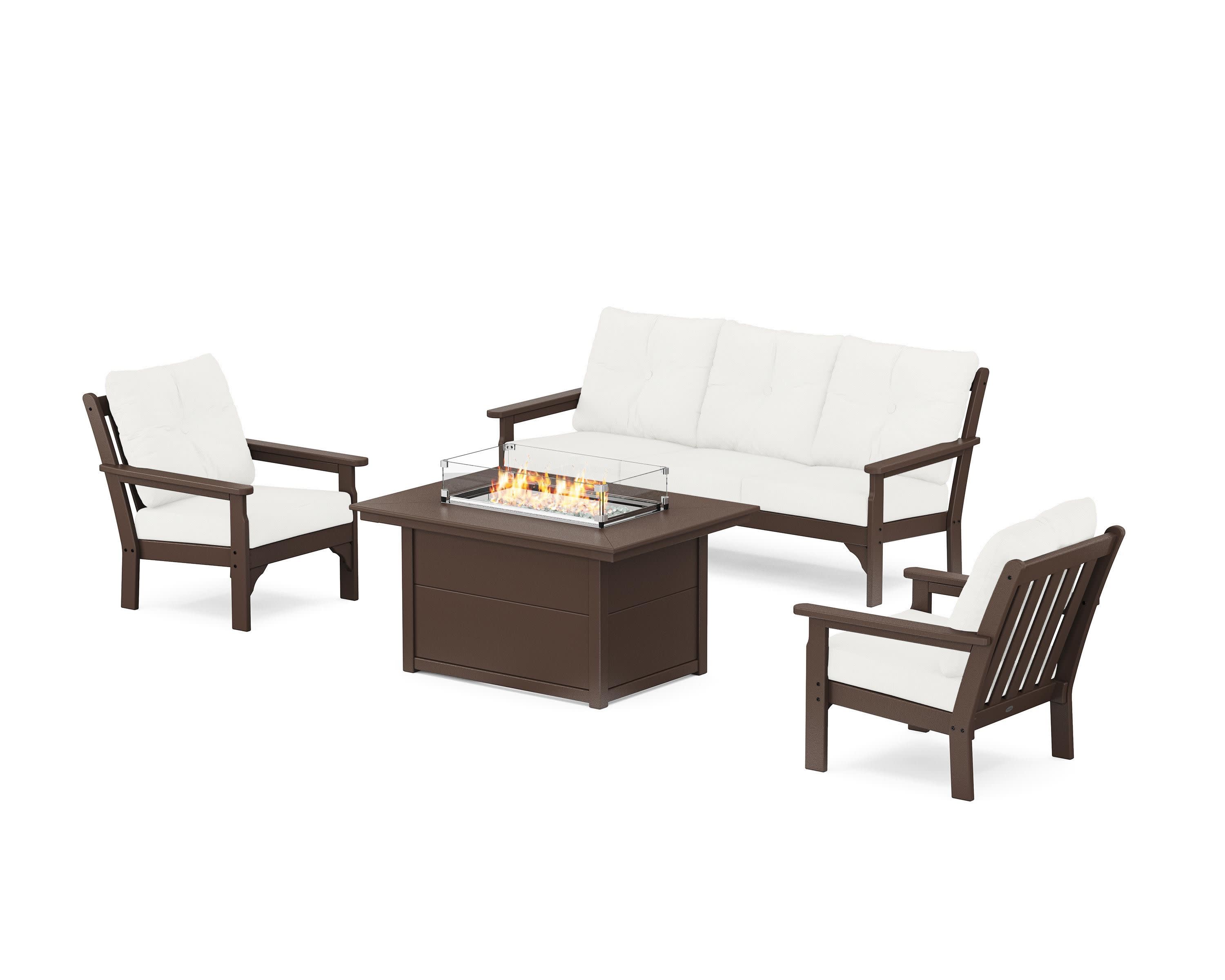 Vineyard Deep Seating Fire Pit Table Set in Mahogany / Natural Linen