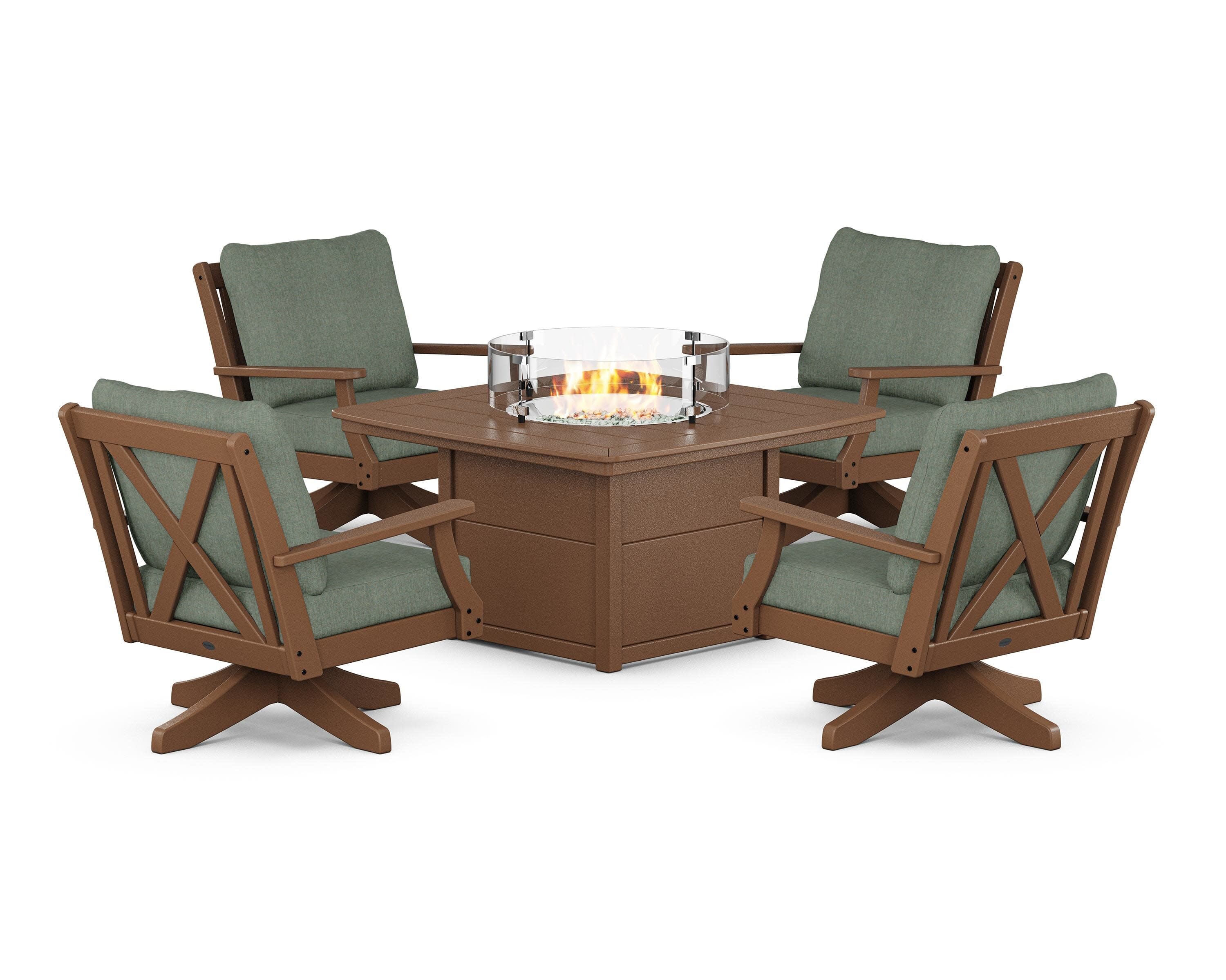 Braxton 5-Piece Deep Seating Swivel Conversation Set with Fire Pit Table in Teak / Cast Sage