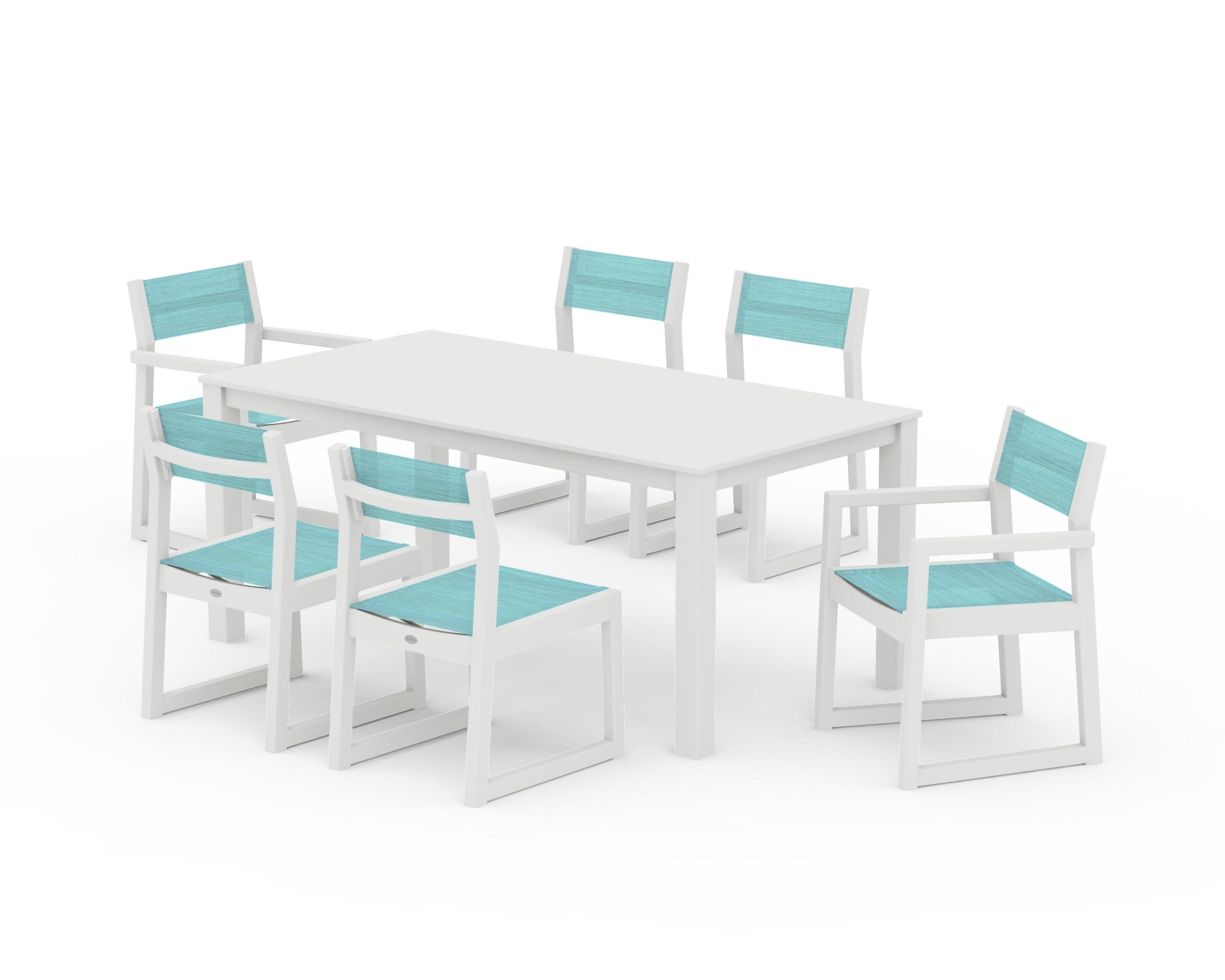 EDGE Sling 7-Piece Parsons Dining Set in Vintage White / Dupioni Aquamarine Sling