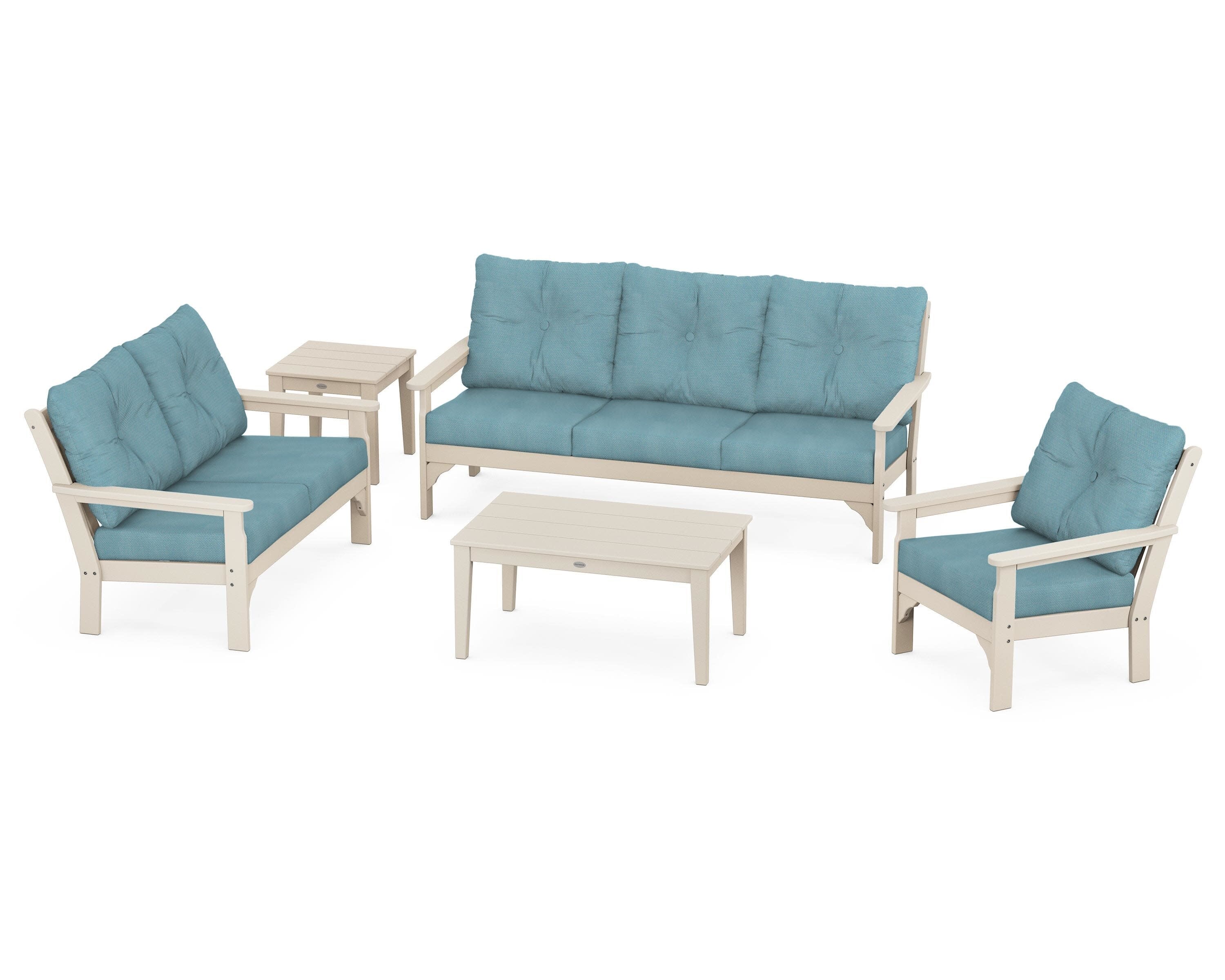 Vineyard 5 Piece Deep Seating Set in Sand / Lattice Sky Blue