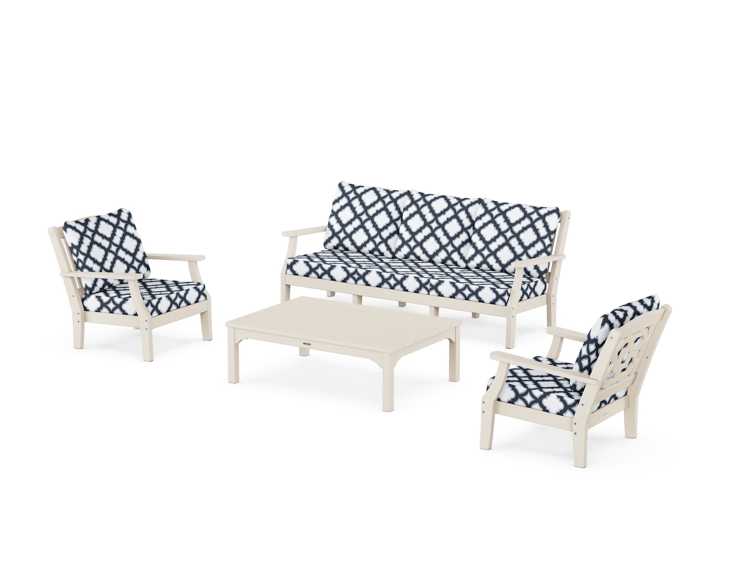 Chinoiserie 4-Piece Deep Seating Set with Sofa in Sand / Trellis Marine Indigo