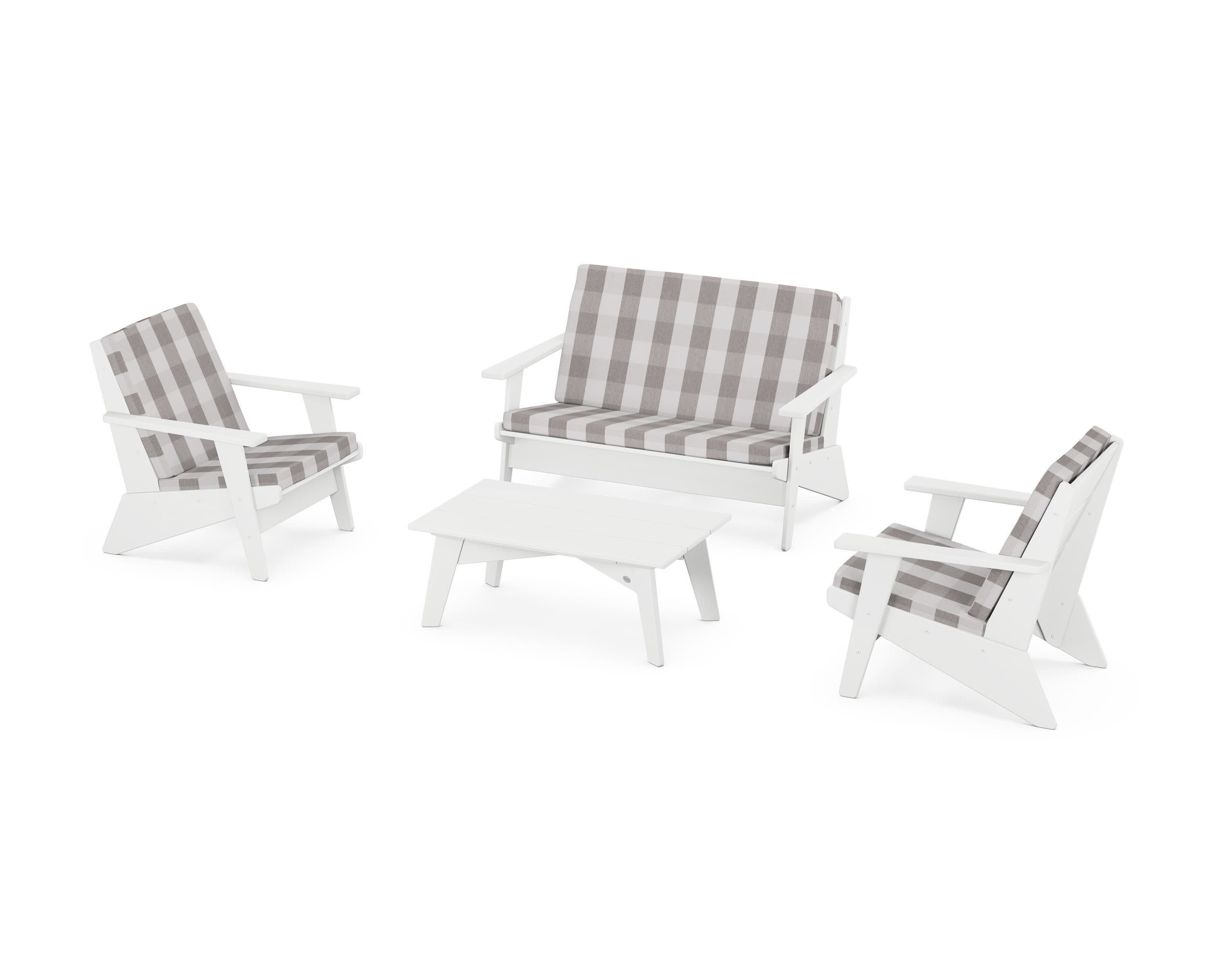 Riviera Modern Lounge 4-Piece Set in White / Buffalo Plaid Grey Mist