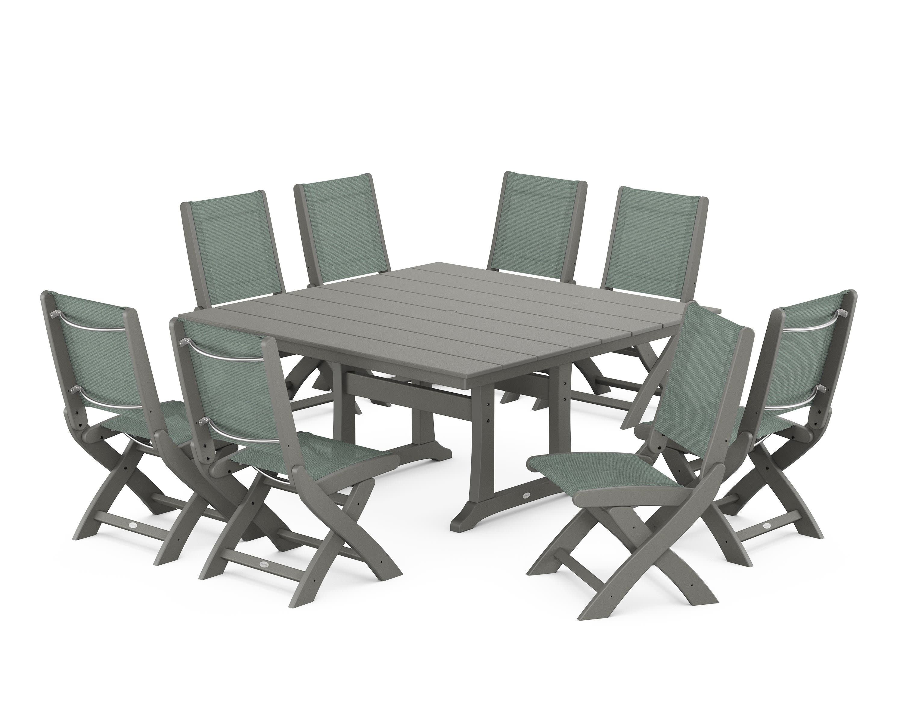 Coastal Folding Side Chair 9-Piece Farmhouse Dining Set in Slate Grey / Dupioni Sea Mist Sling