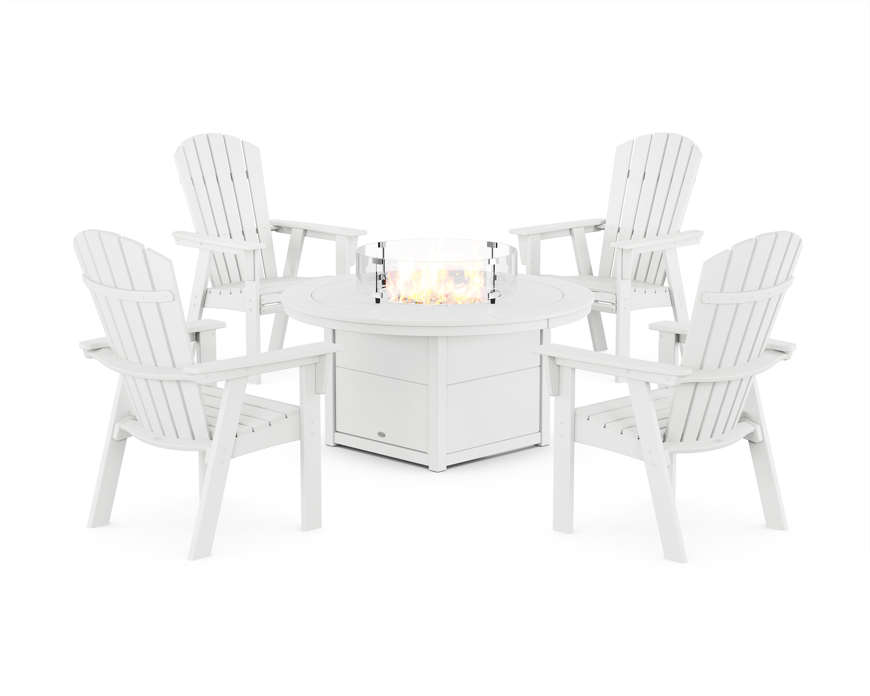 Nautical 4-Piece Curveback Upright Adirondack Conversation Set with Fire Pit Table in White