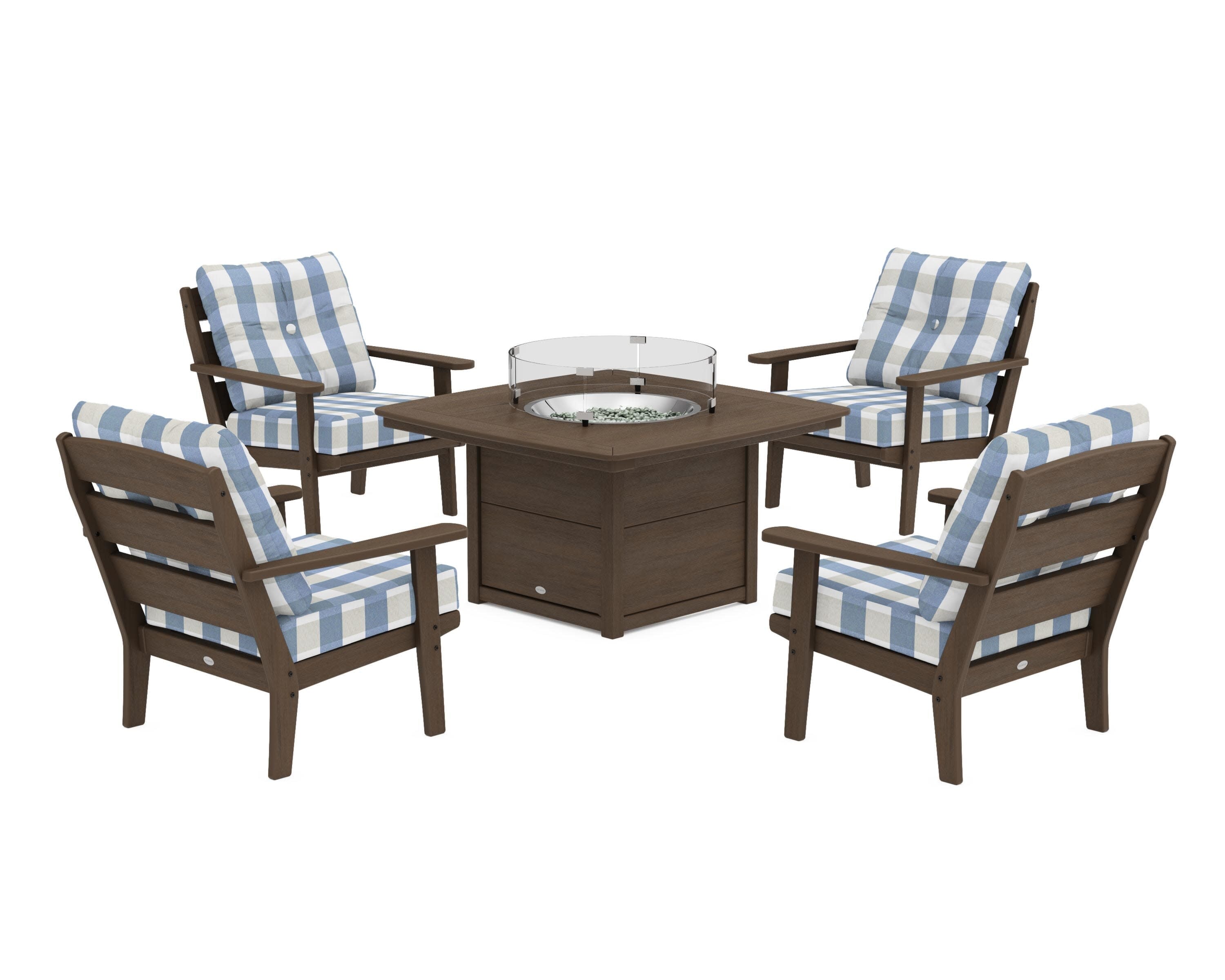 Lakeside 5-Piece Deep Seating Set with Nautical Fire Pit Table in Kona / Buffalo Plaid Sky Blue
