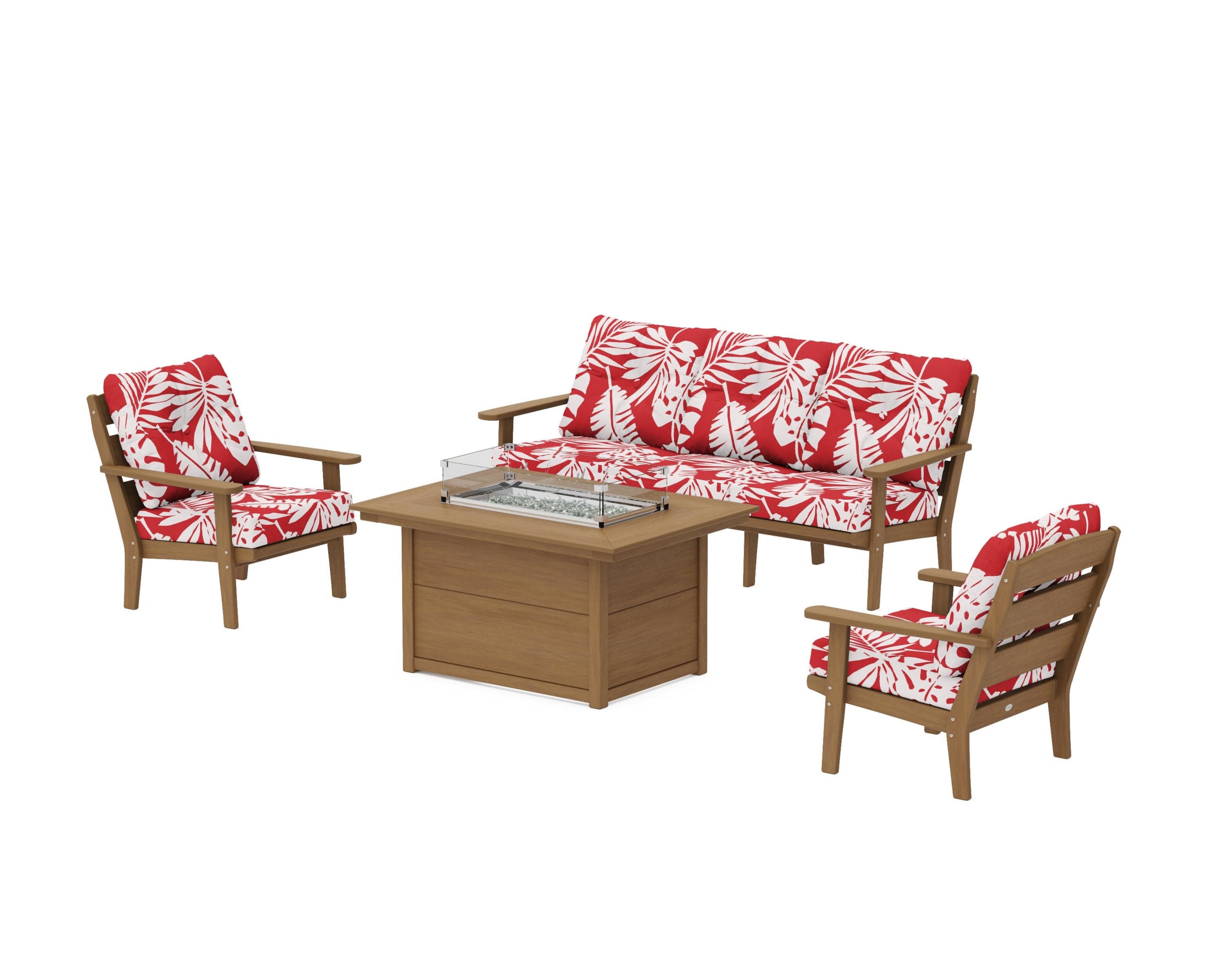 Lakeside Deep Seating Fire Pit Table Set in Natural / Leaf Crimson