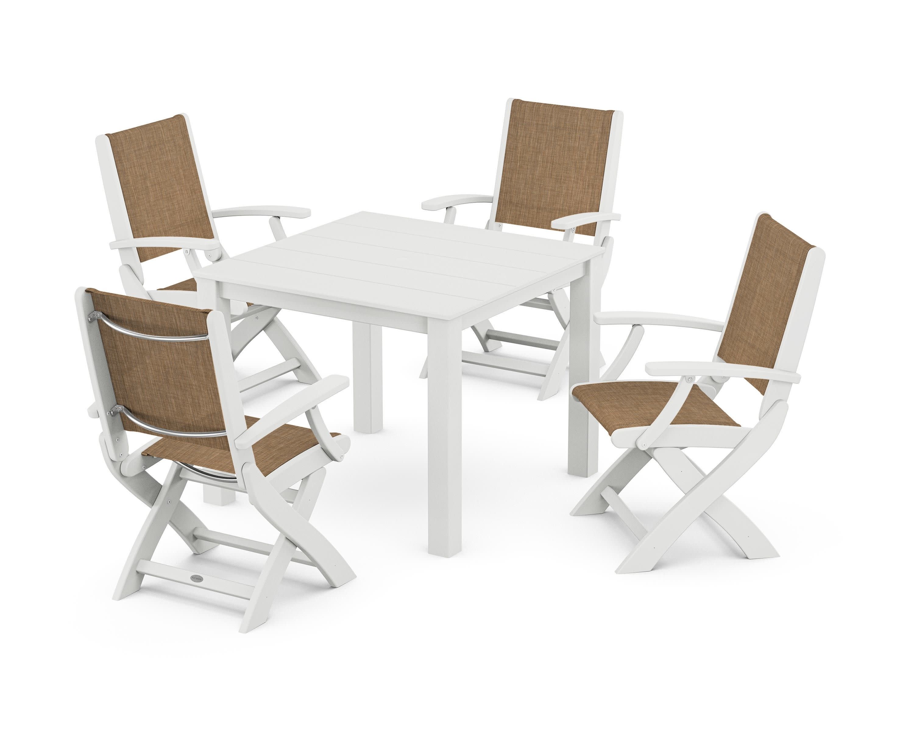 Coastal Folding Chair 5-Piece Parsons Dining Set in White / Burlap Sling