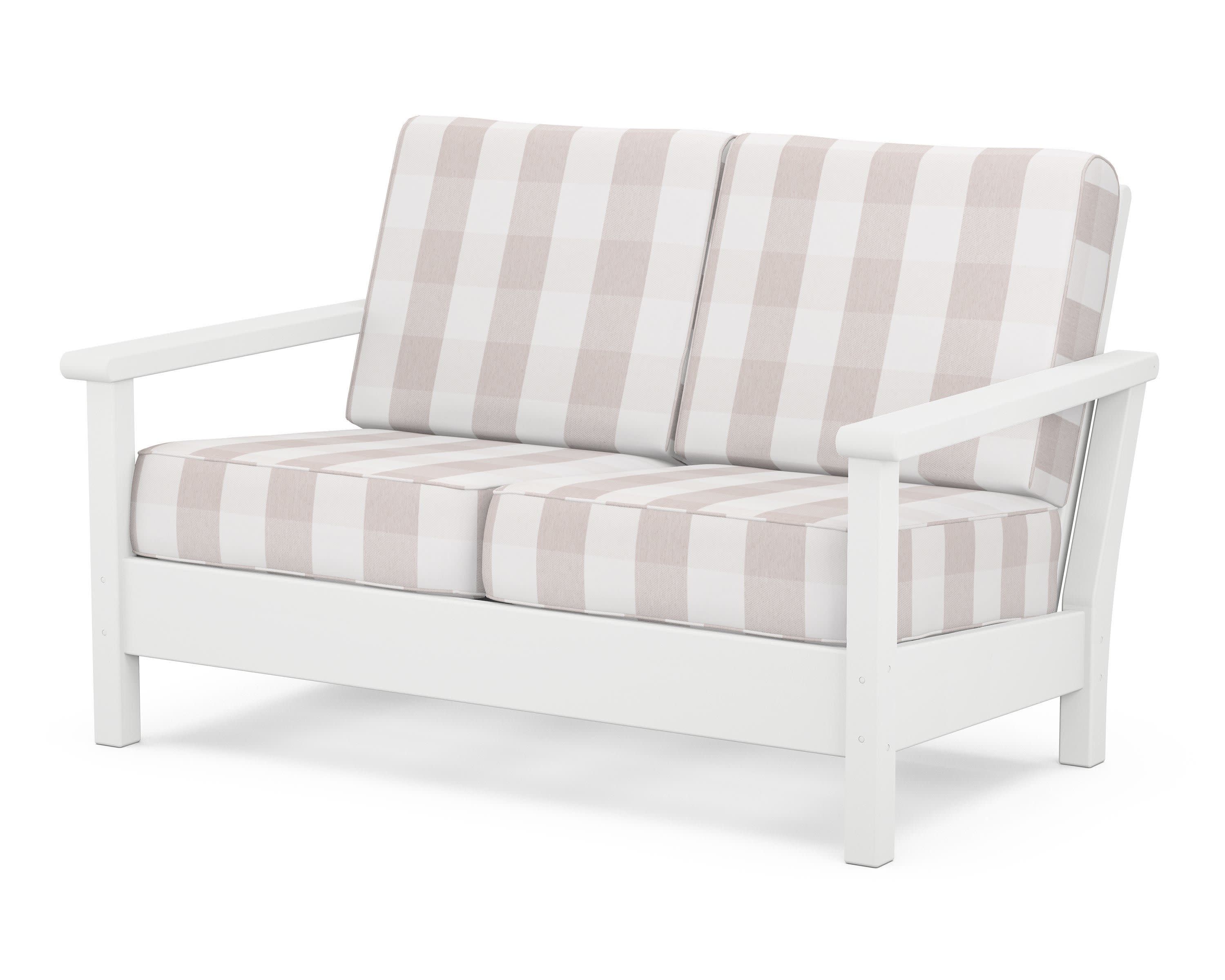 Harbour Deep Seating Loveseat in White / Buffalo Plaid Dune Burlap