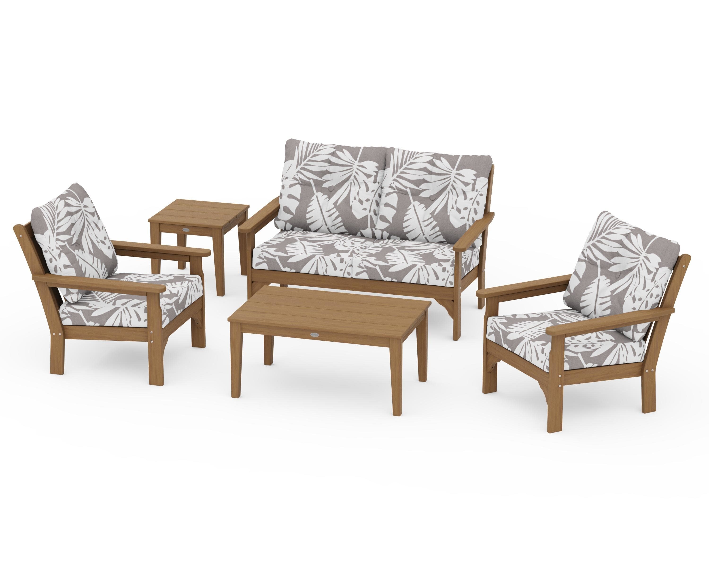 Vineyard 5-Piece Deep Seating Set in Natural / Leaf Grey Mist