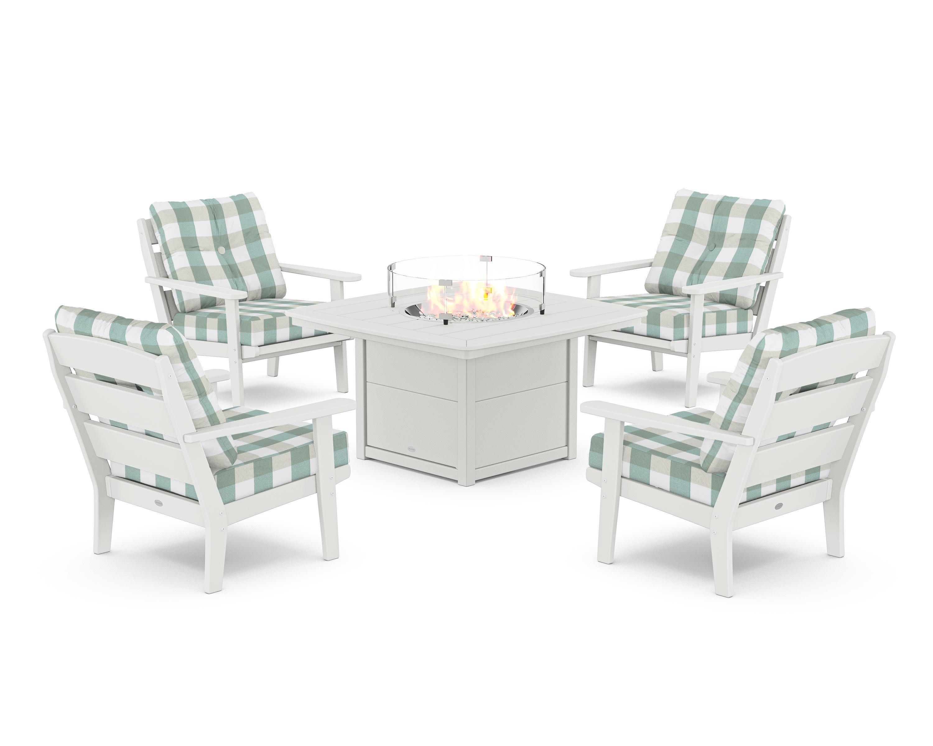 Lakeside 5-Piece Deep Seating Set with Nautical Fire Pit Table in White / Buffalo Plaid Glacier Spa