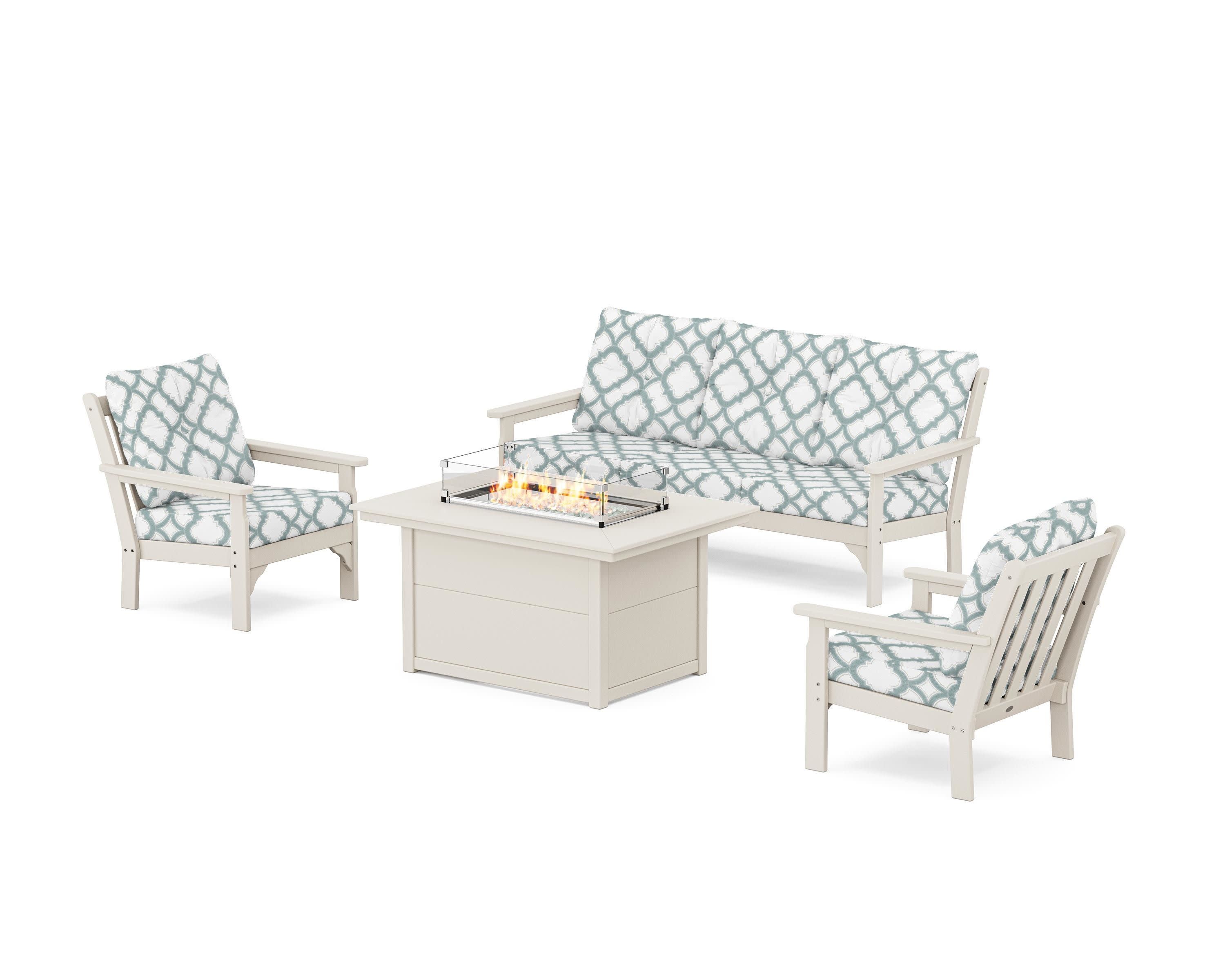 Vineyard Deep Seating Fire Pit Table Set in Sand / Trellis Glacier Spa