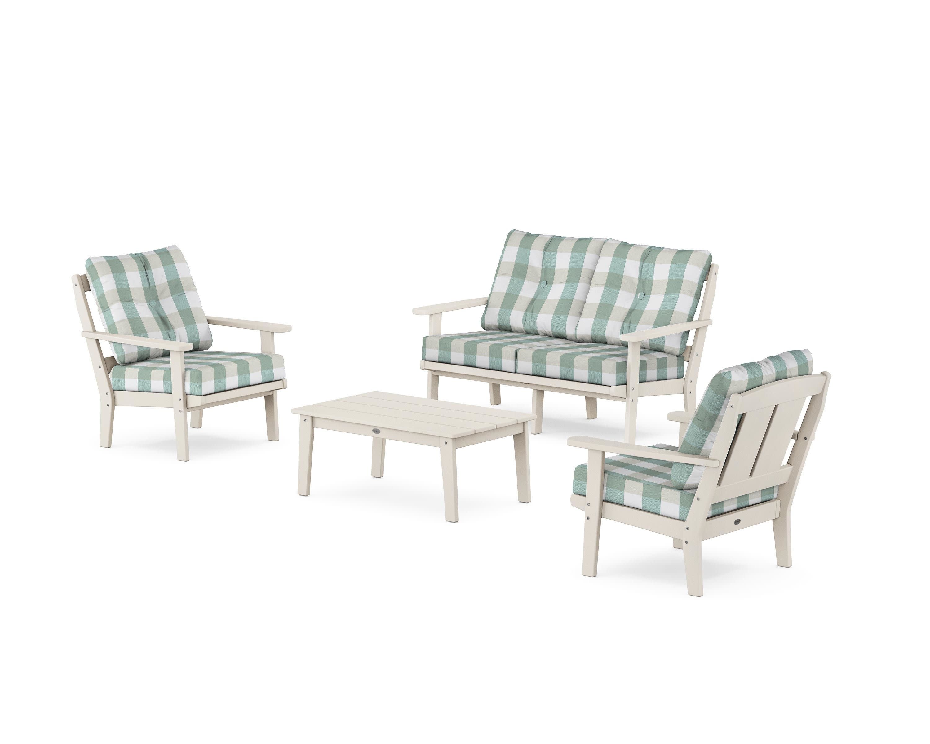 Mission 4-Piece Deep Seating Set with Loveseat in Sand / Buffalo Plaid Glacier Spa
