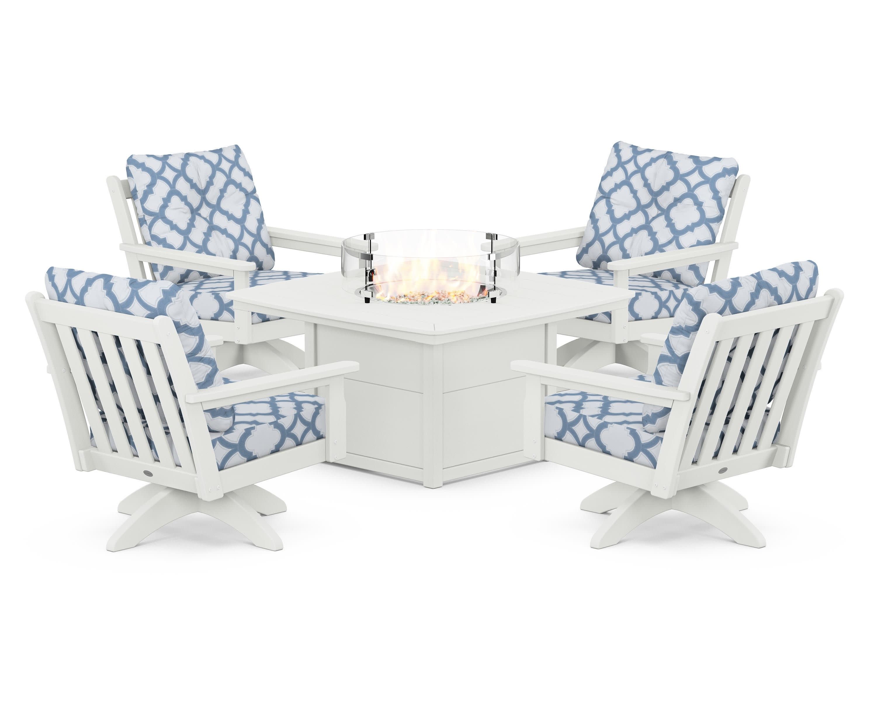 Vineyard 5-Piece Deep Seating Swivel Conversation Set with Fire Pit Table in Vintage White / Trellis Sky Blue