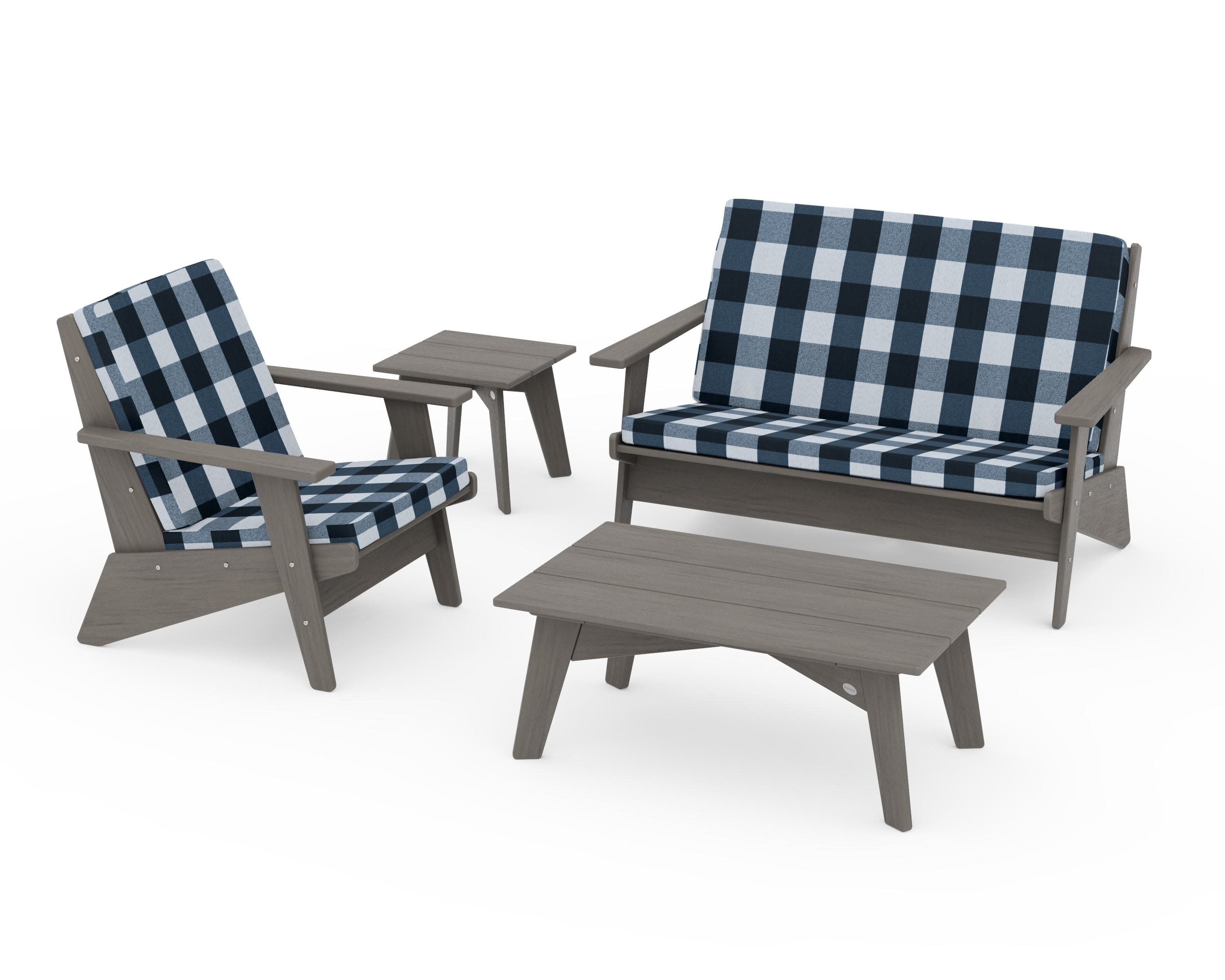 Riviera Modern Lounge 4-Piece Set in Driftwood / Buffalo Plaid Marine Indigo