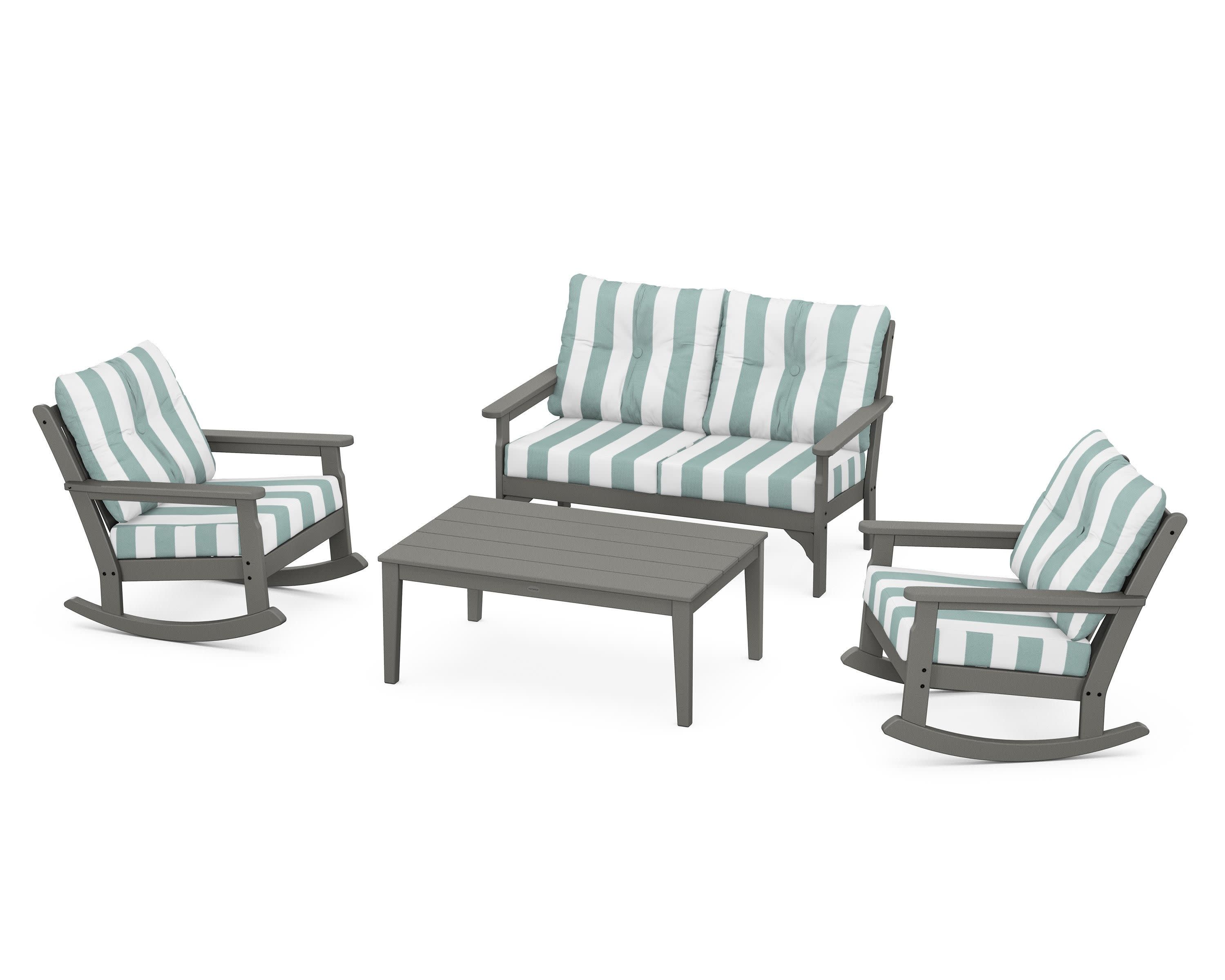 Vineyard 4-Piece Deep Seating Rocking Chair Set in Slate Grey / Cabana Stripe Glacier Spa