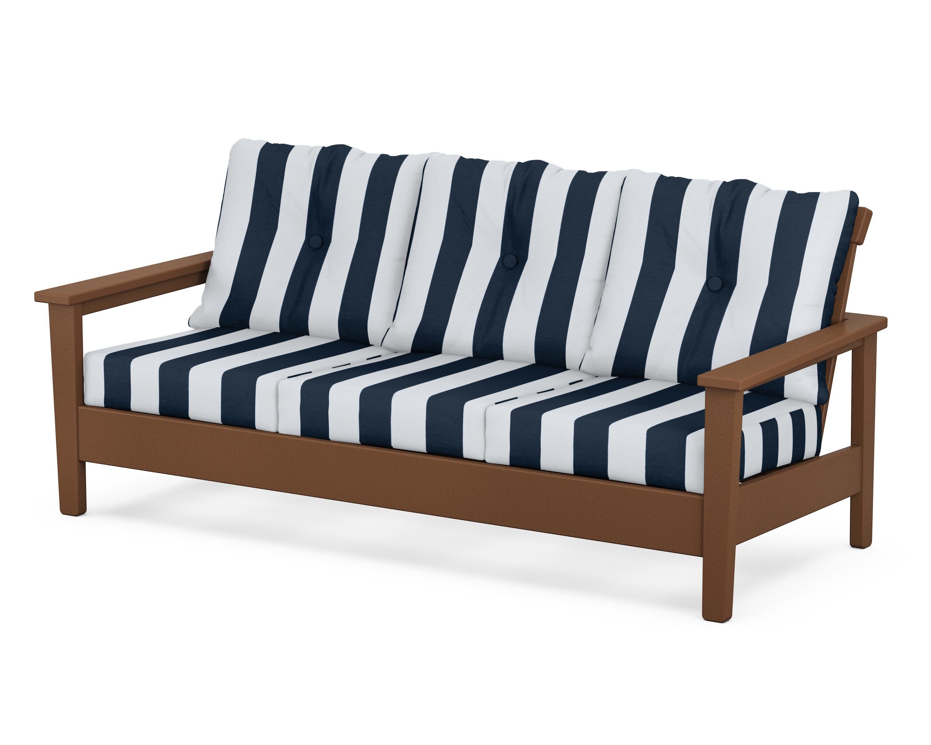 Prescott Deep Seating Sofa in Teak / Cabana Stripe Marine Indigo
