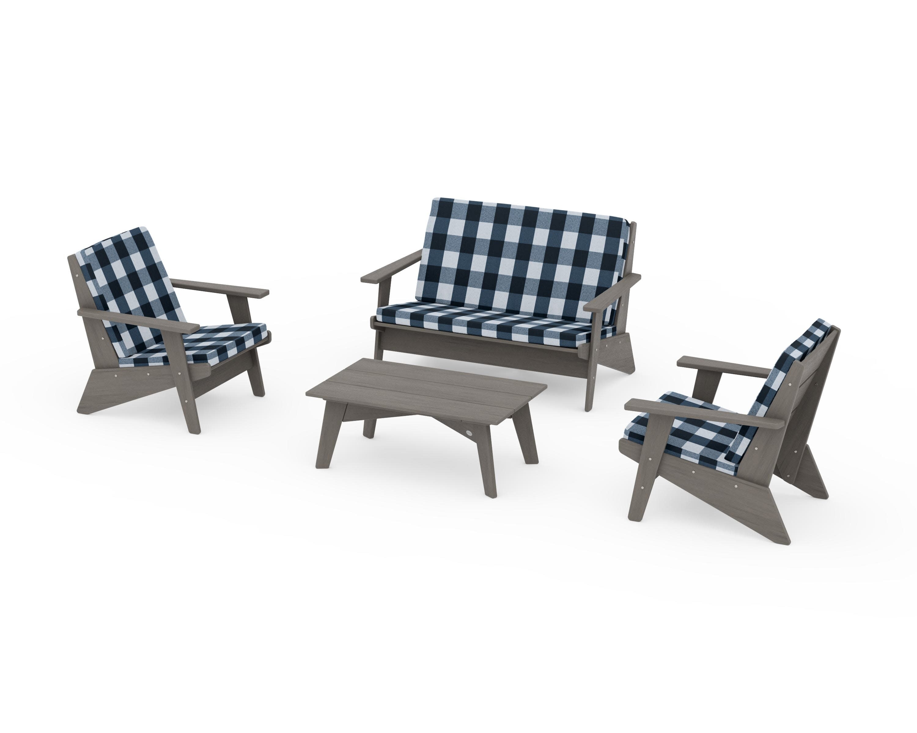 Riviera Modern Lounge 4-Piece Set in Driftwood / Buffalo Plaid Marine Indigo