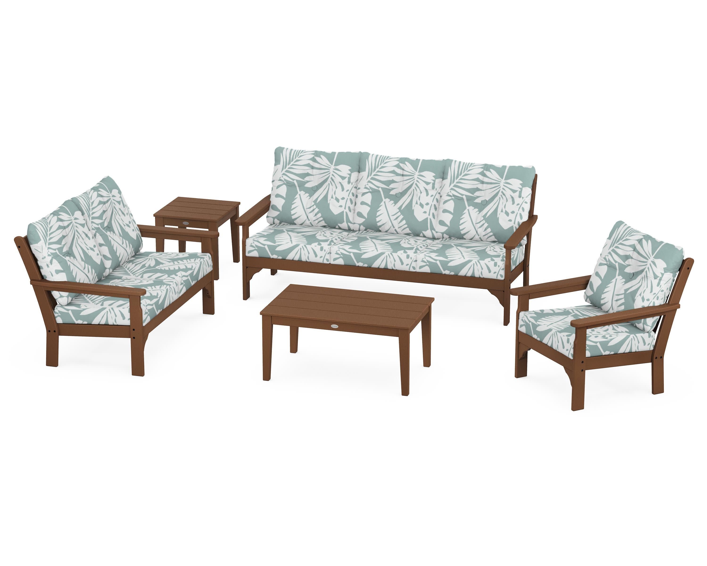 Vineyard 5 Piece Deep Seating Set in Teak / Leaf Glacier Spa