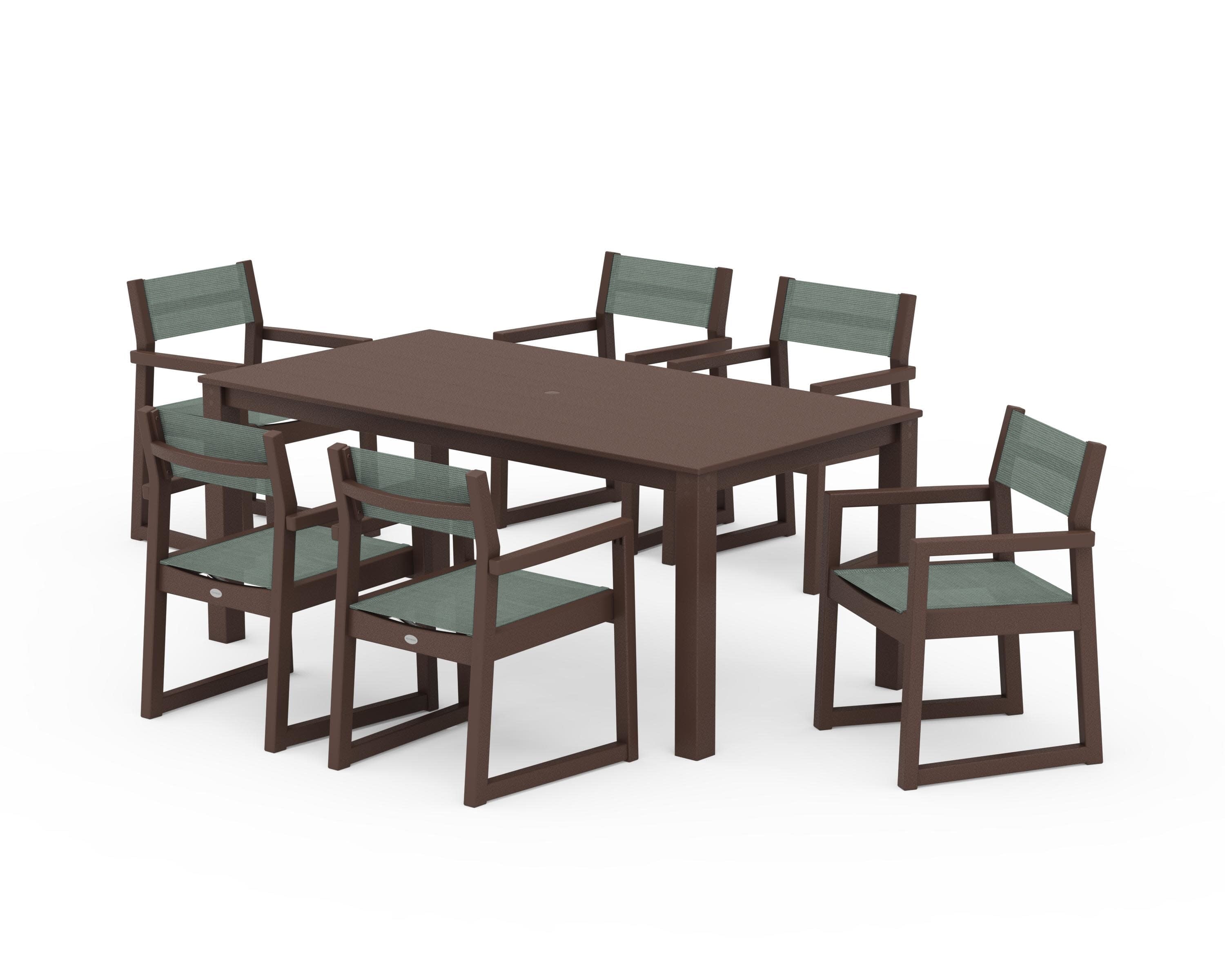 EDGE Sling Arm Chair 7-Piece Parsons Dining Set in Mahogany / Dupioni Sea Mist Sling