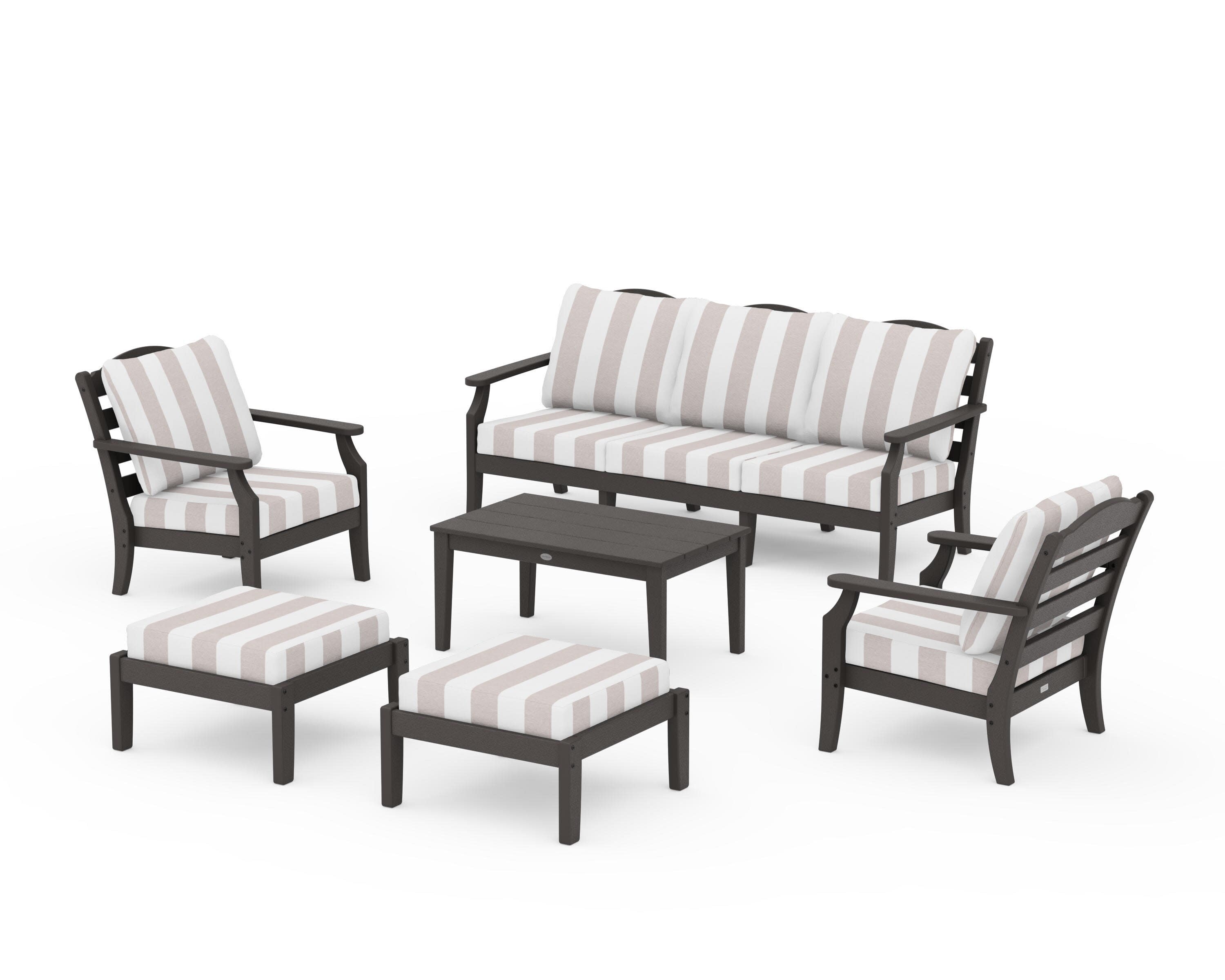 Savannah 6-Piece Lounge Sofa Set in Vintage Coffee / Cabana Stripe Dune Burlap