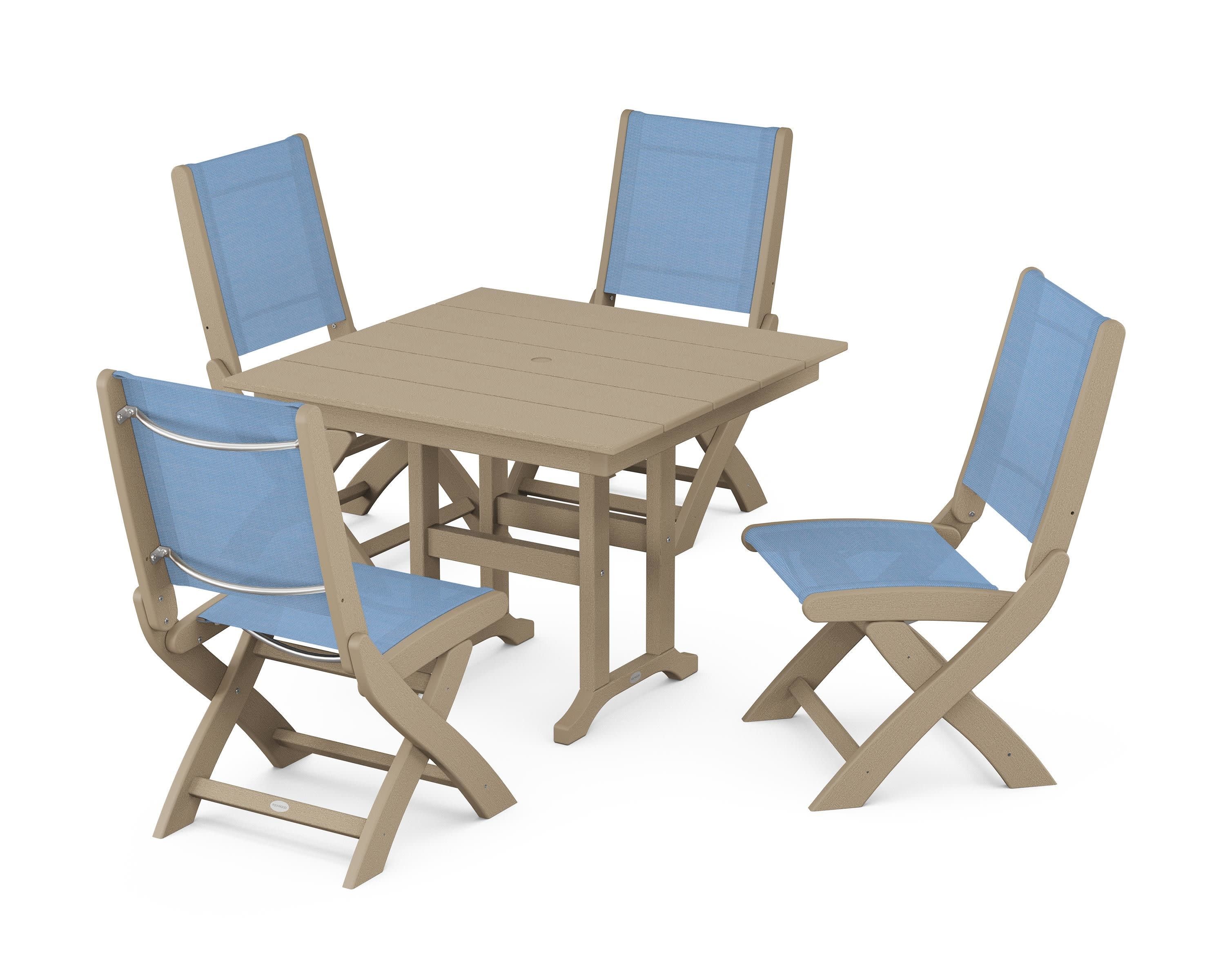 Coastal Folding Side Chair 5-Piece Farmhouse Dining Set in Vintage Sahara / Poolside Sling
