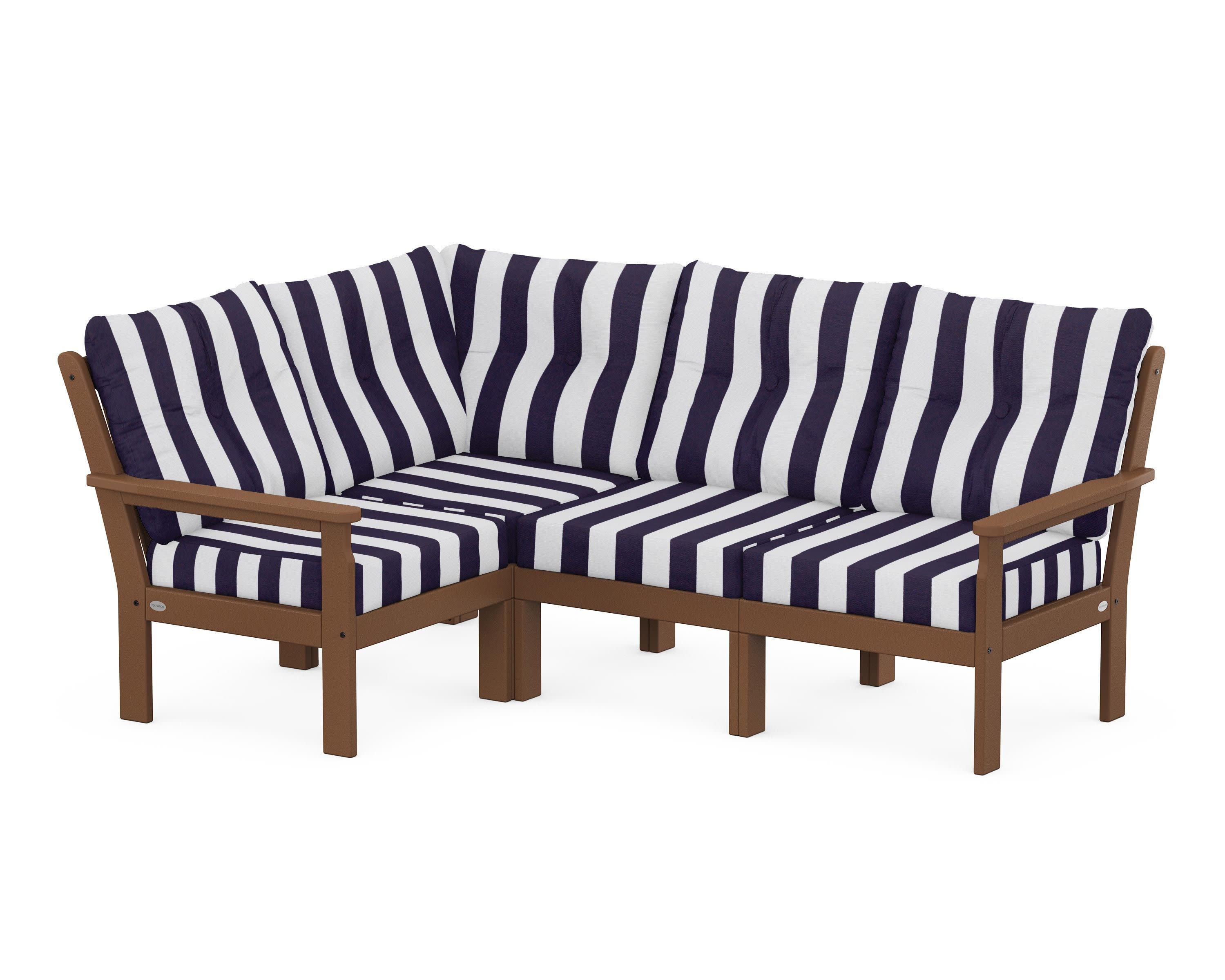 Vineyard 4-Piece Sectional in Teak / Cabana Stripe Navy
