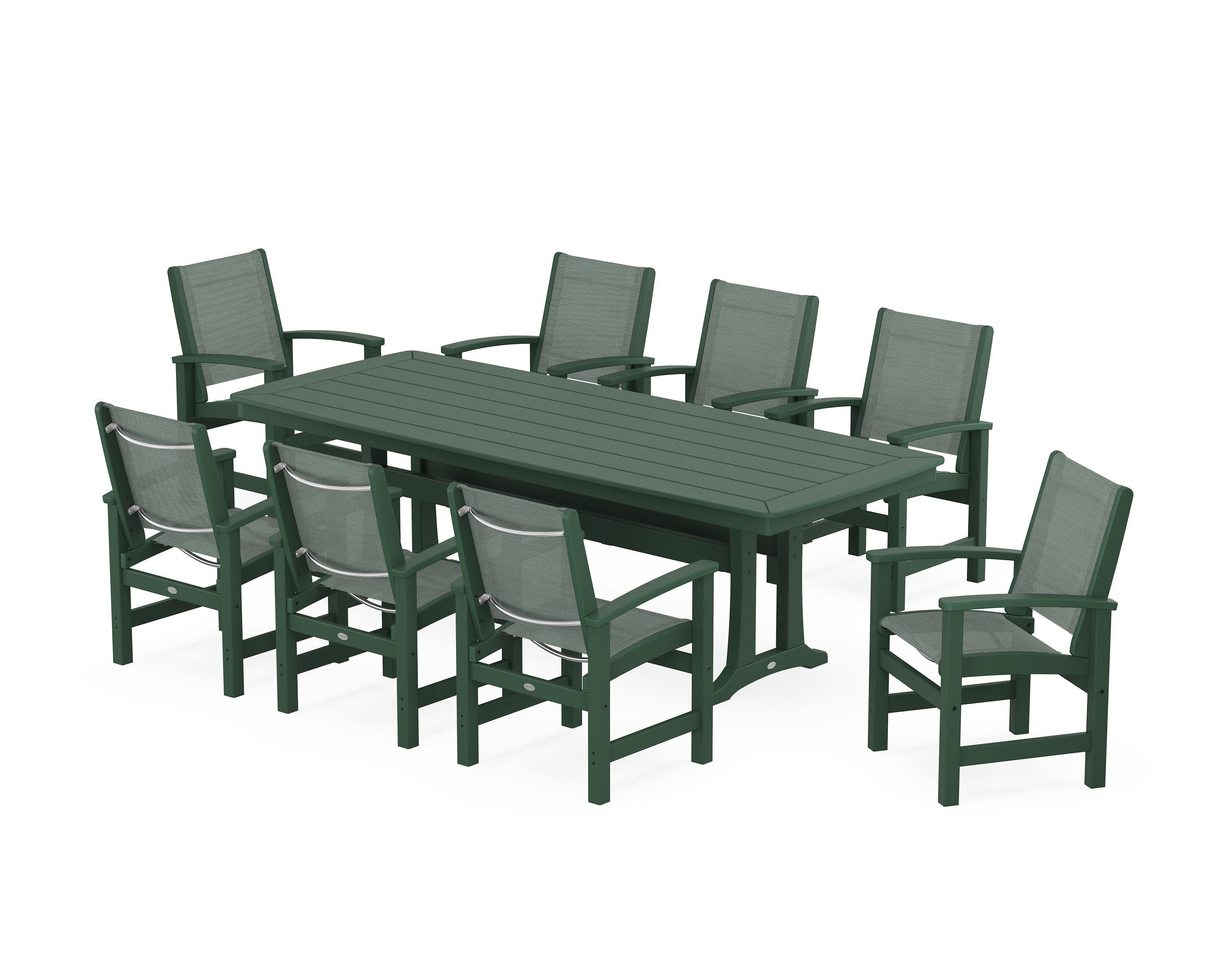Coastal 9-Piece Dining Set with Trestle Legs in Green / Dupioni Sea Mist Sling