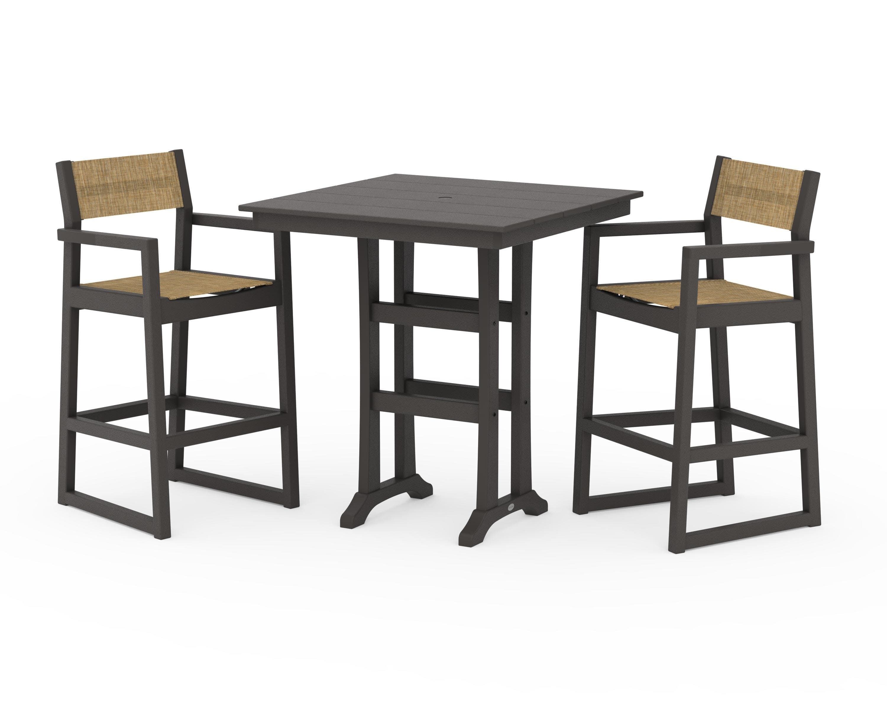 EDGE Sling Arm Chair 3-Piece Farmhouse Bar Set with Trestle Legs in Vintage Coffee / Burlap Sling