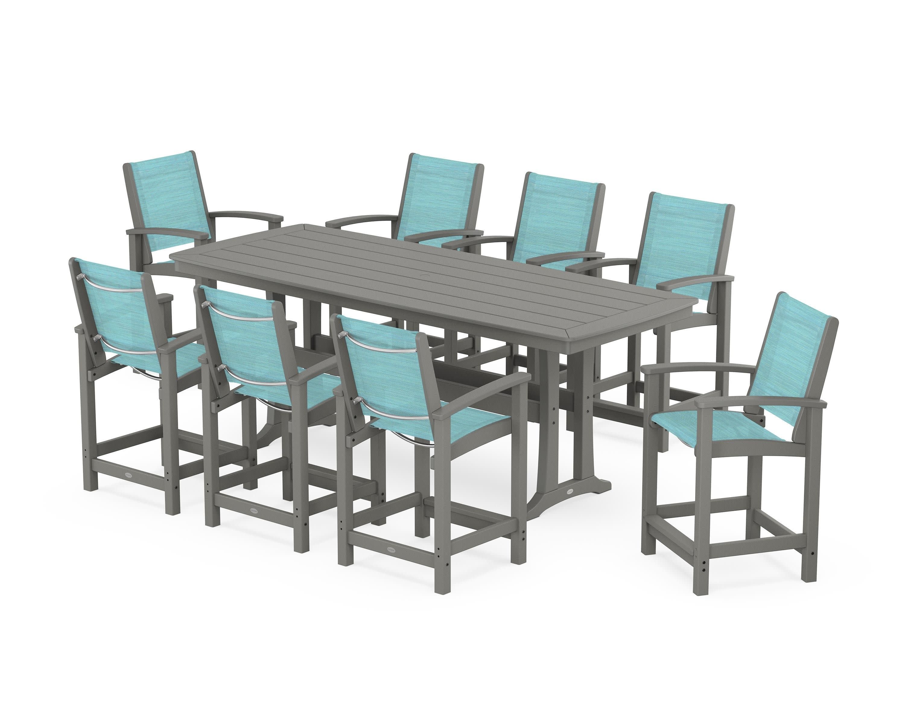 Coastal 9-Piece Counter Set with Trestle Legs in Slate Grey / Dupioni Aquamarine Sling