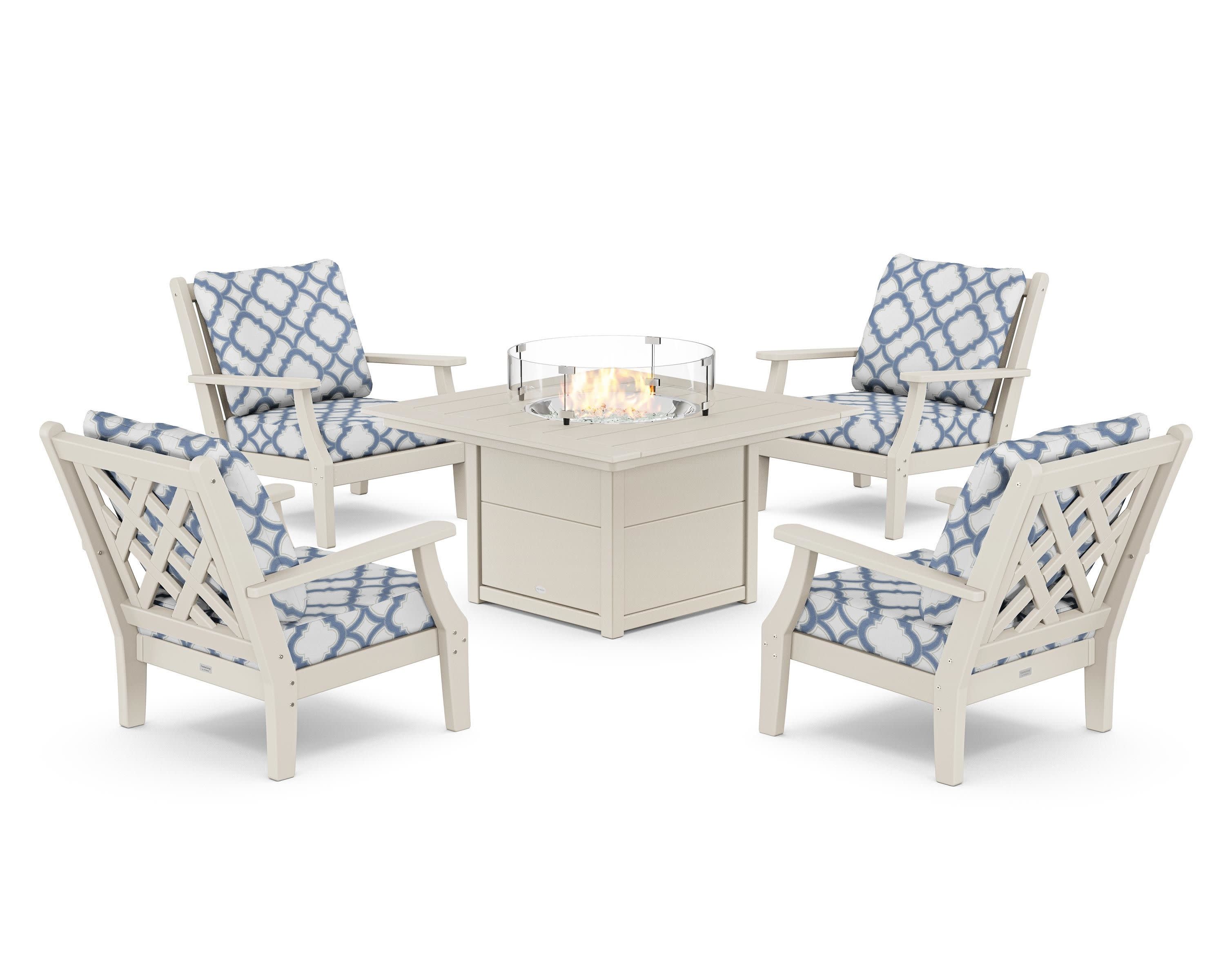 Wovendale 5-Piece Deep Seating Set with Fire Pit Table in Sand / Trellis Sky Blue