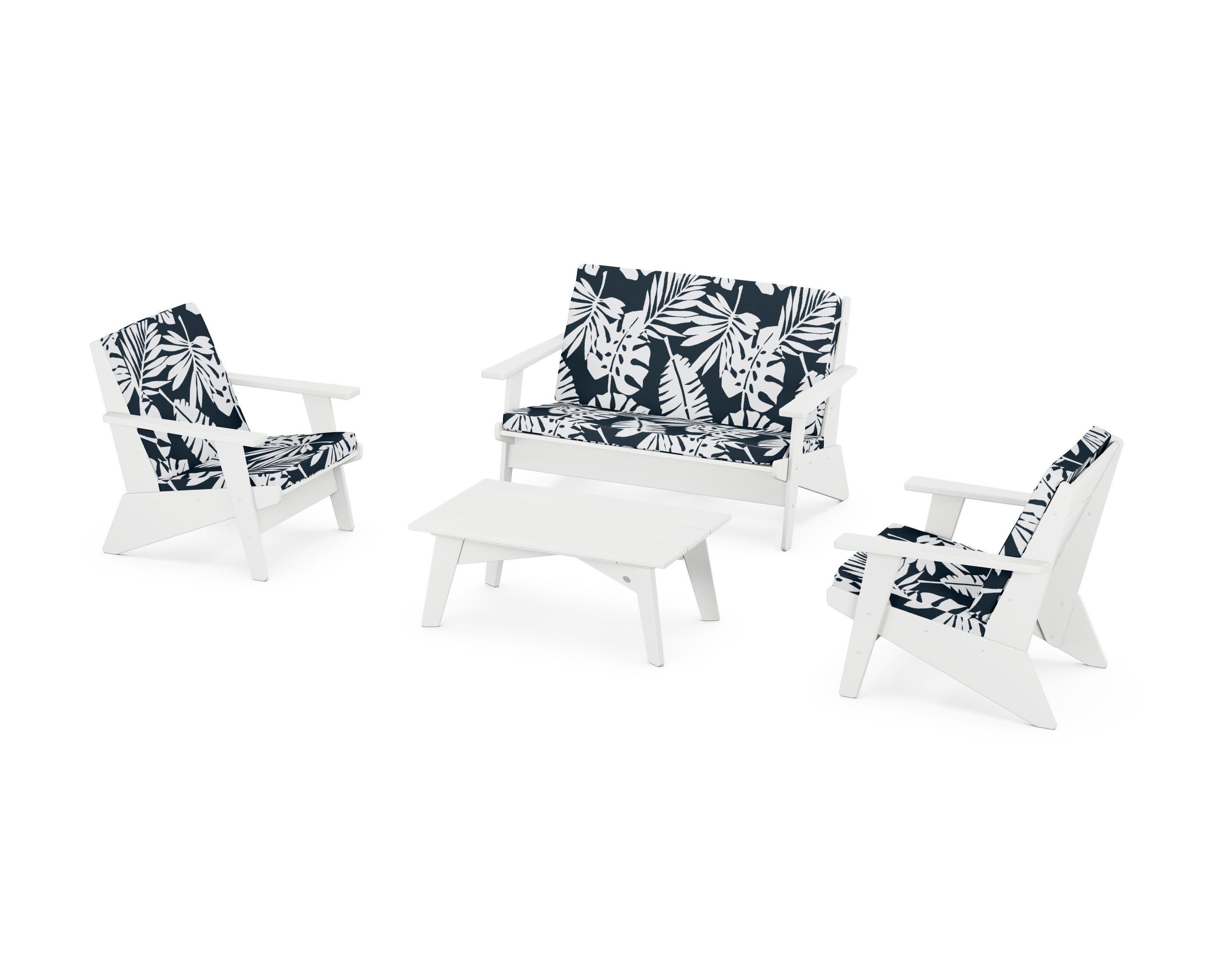 Riviera Modern Lounge 4-Piece Set in White / Leaf Marine Indigo