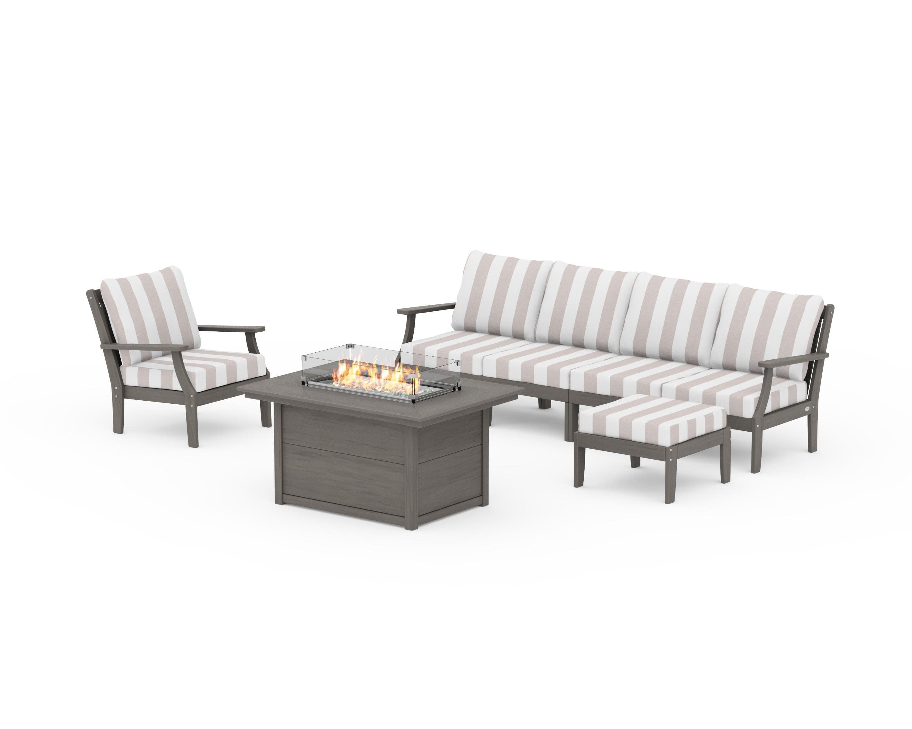 Braxton Sectional Lounge and Fire Pit Set in Driftwood / Cabana Stripe Dune Burlap
