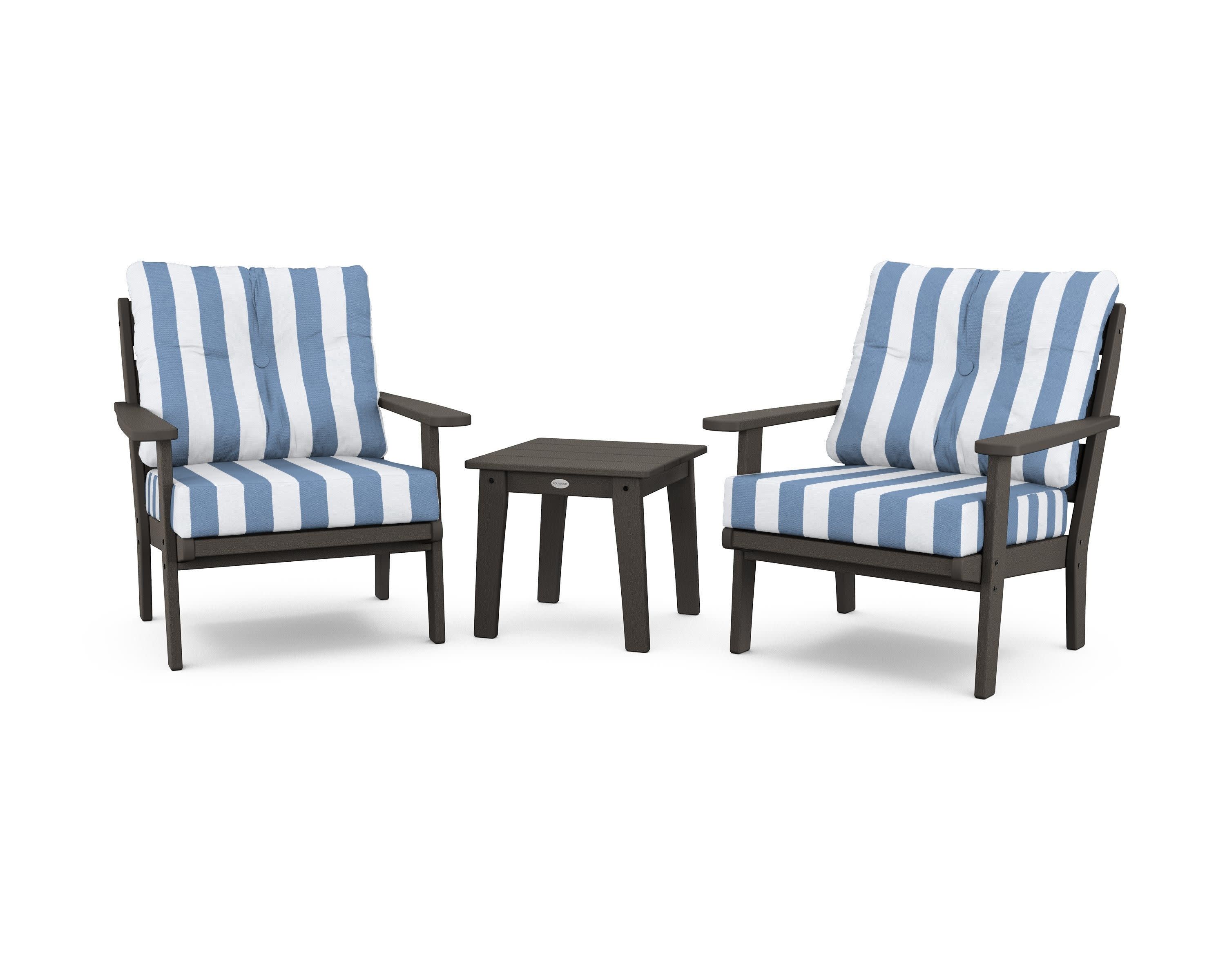 Lakeside 3-Piece Deep Seating Chair Set in Vintage Coffee / Cabana Stripe Sky Blue