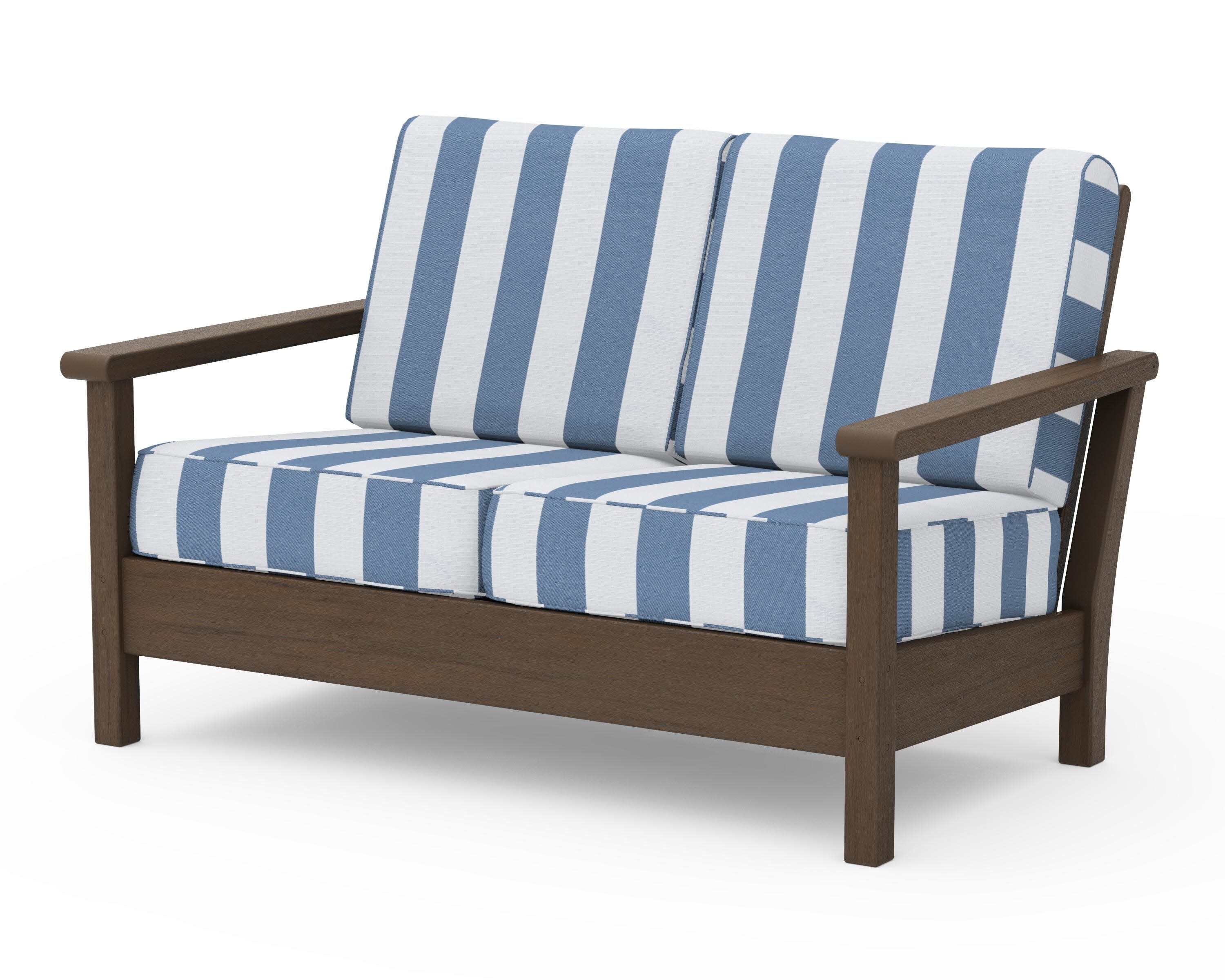 Harbour Deep Seating Loveseat in Kona / Cabana Stripe Sky Blue
