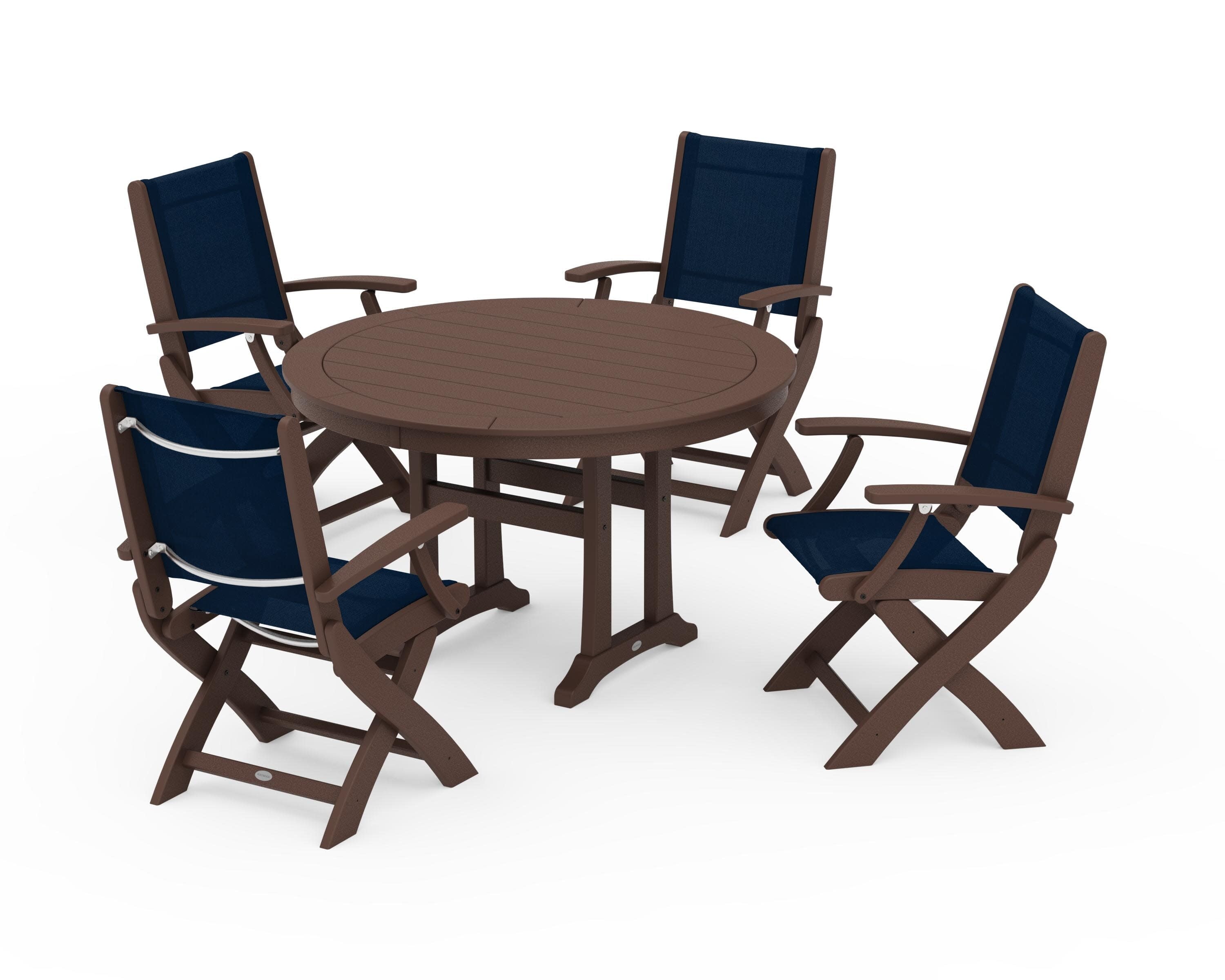 Coastal Folding Chair 5-Piece Round Dining Set with Trestle Legs in Mahogany / Navy Blue Sling