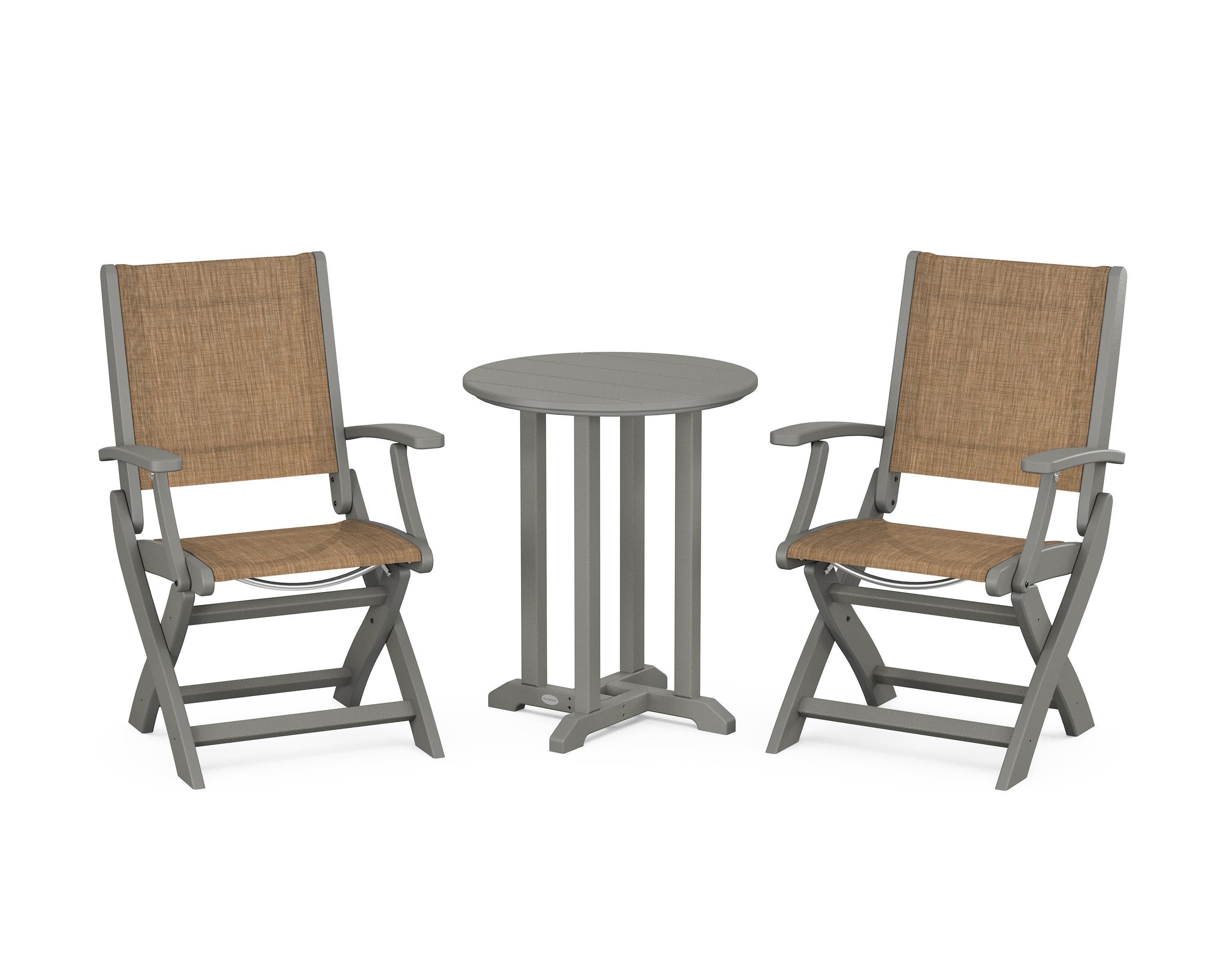 Coastal Folding 3-Piece Round Bistro Dining Set in Slate Grey / Burlap Sling