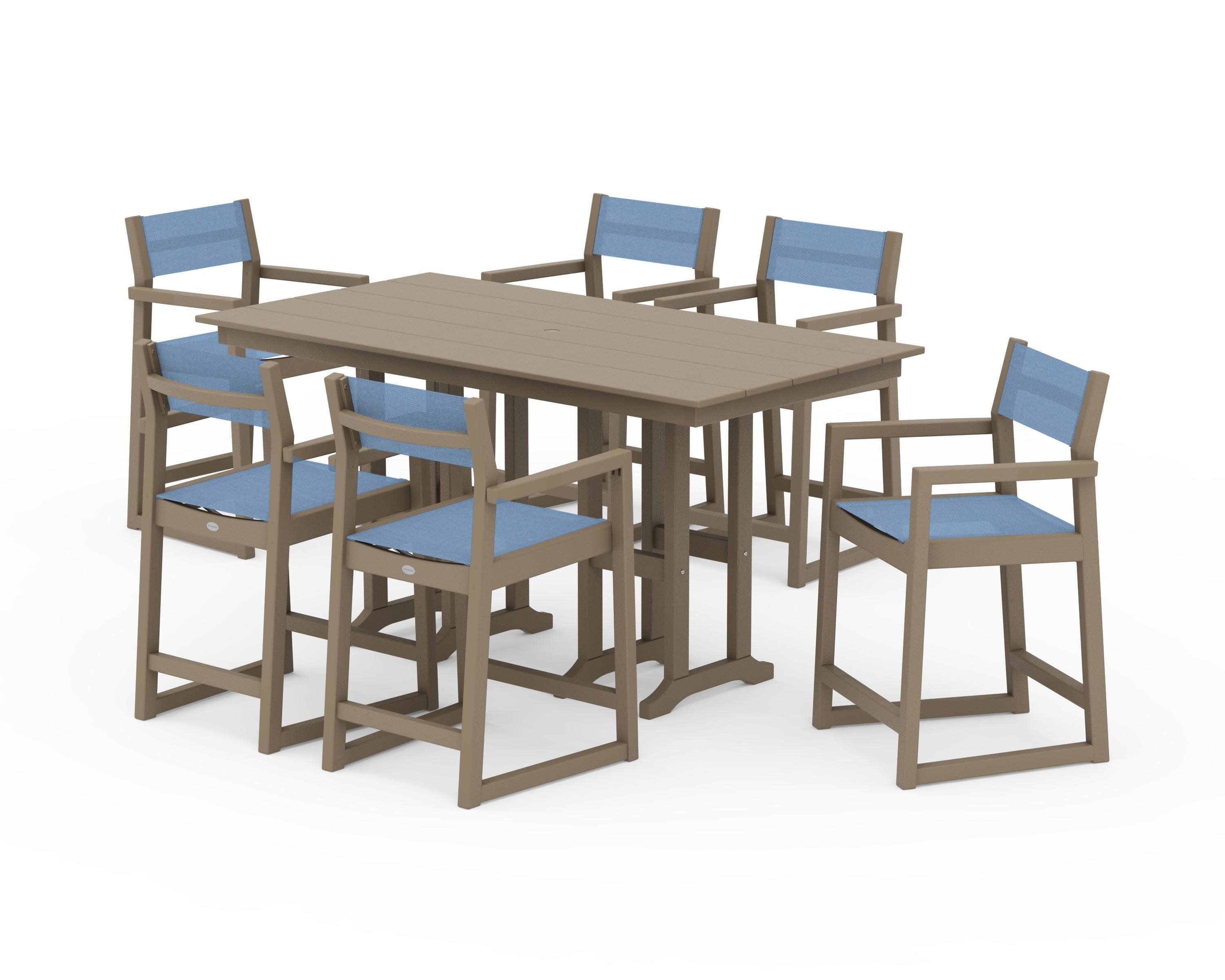 EDGE Sling Arm Chair 7-Piece Farmhouse Counter Set in Vintage Sahara / Poolside Sling