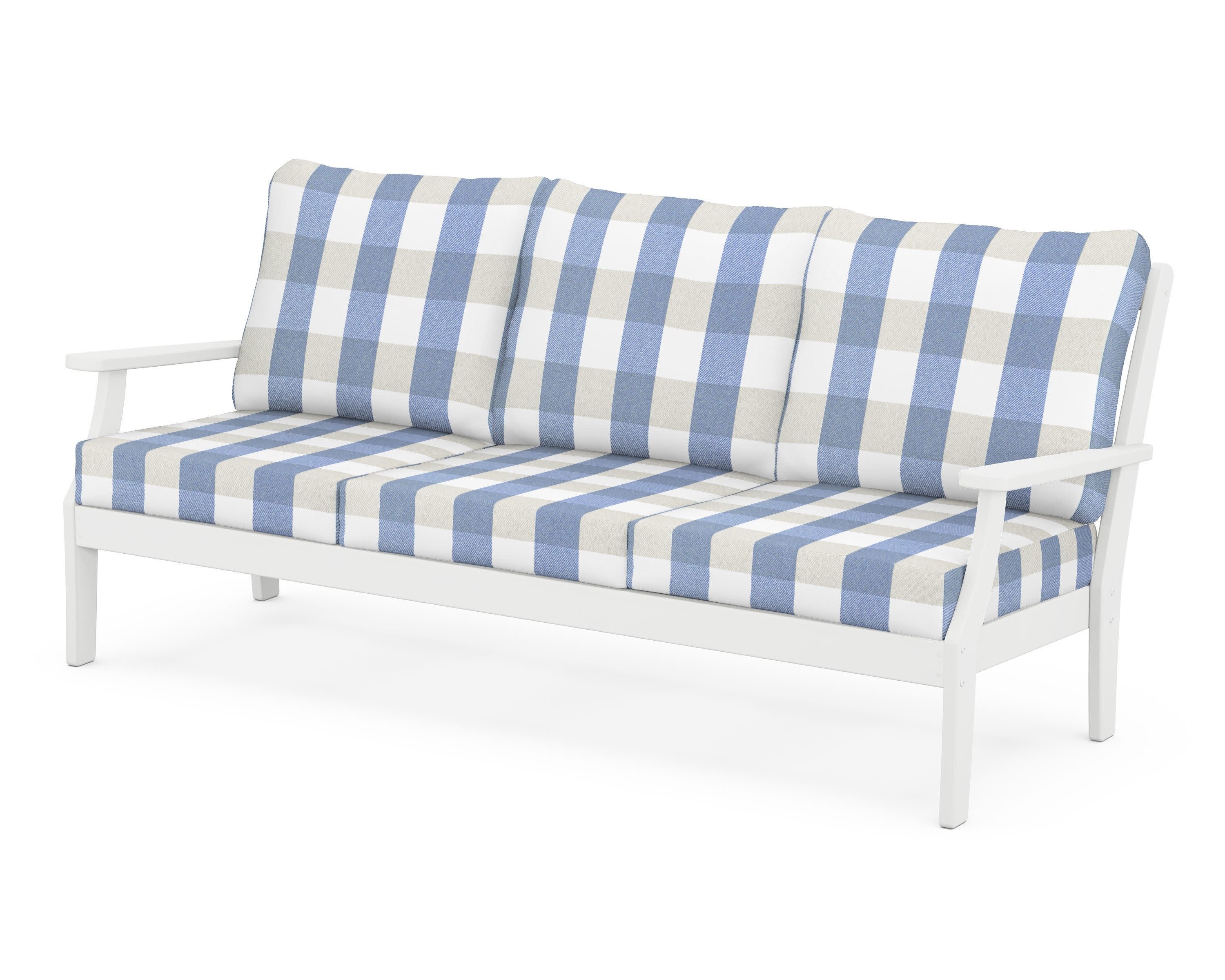 Braxton Deep Seating Sofa in White / Buffalo Plaid Sky Blue