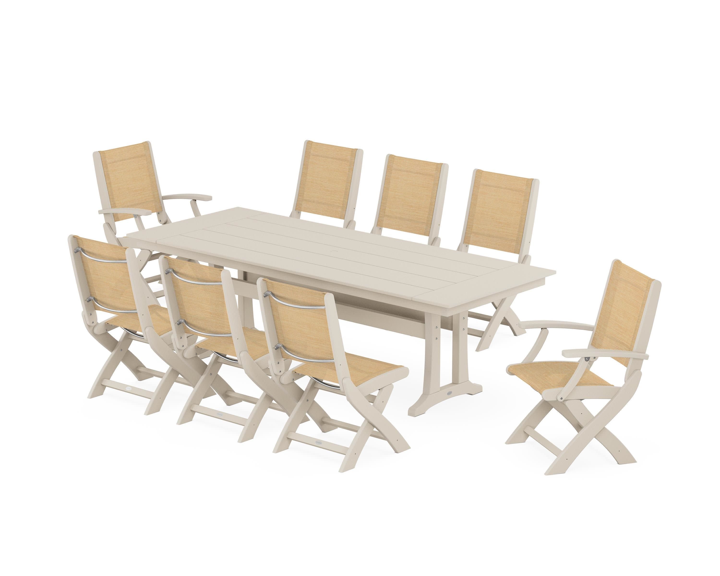 Coastal 9-Piece Folding Dining Chair Farmhouse Dining Set with Trestle Legs in Sand / Dupioni Apricot Sling