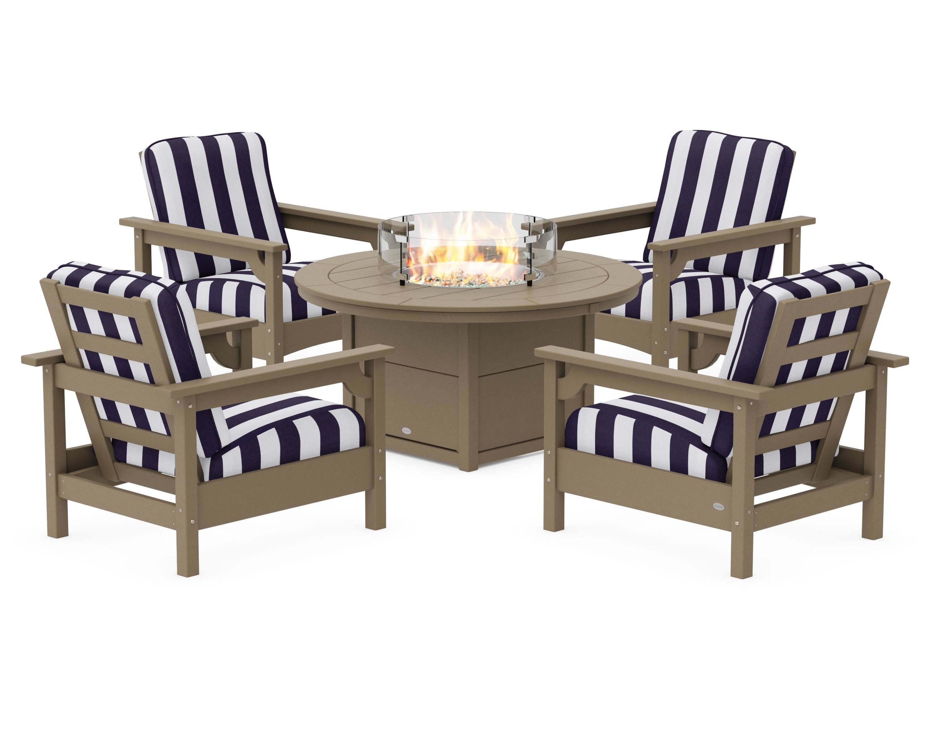 Club 5-Piece Conversation Set with Fire Pit Table in Vintage Sahara / Cabana Stripe Navy