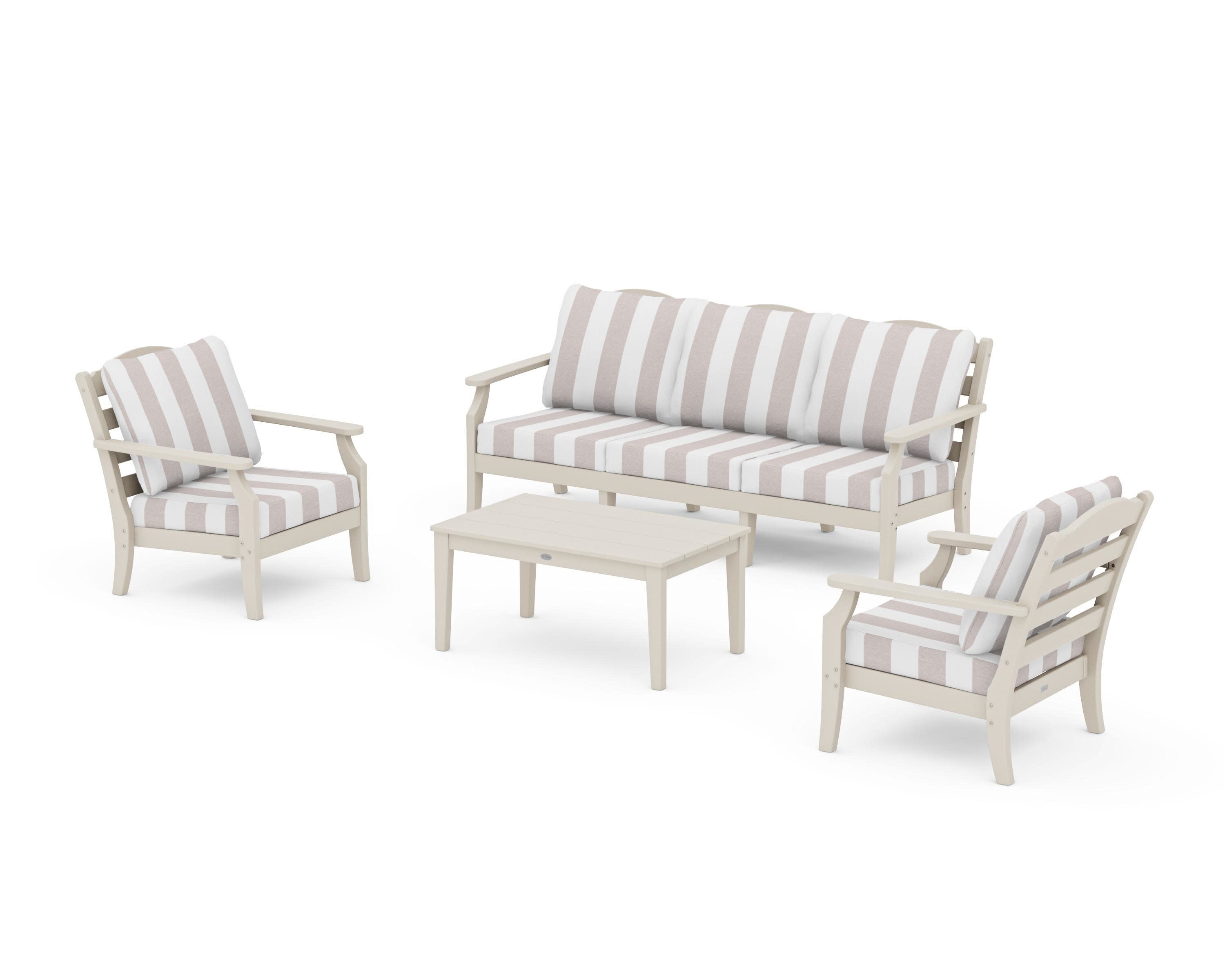 Savannah 4-Piece Deep Seating Set with Sofa in Sand / Cabana Stripe Dune Burlap