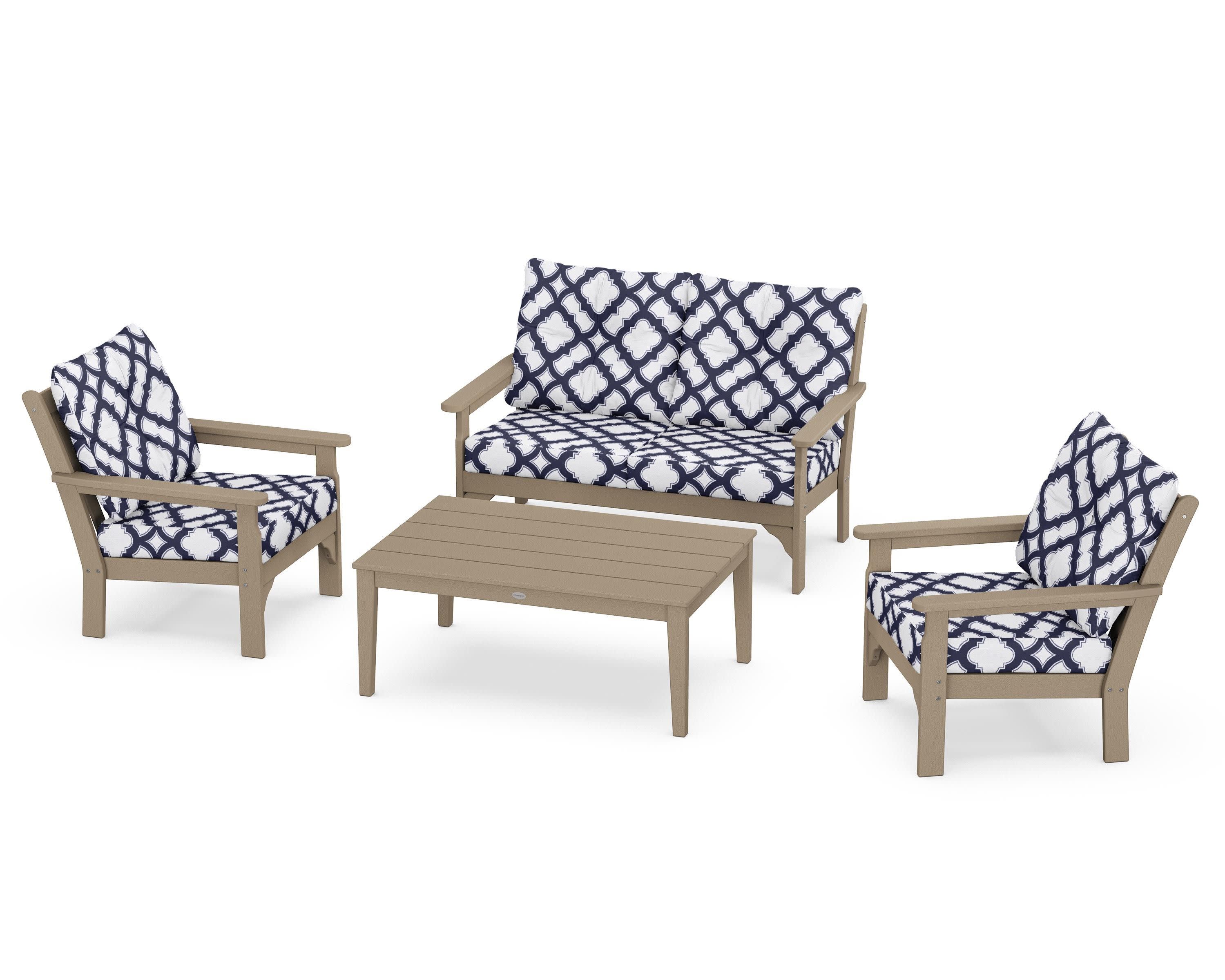 Vineyard 4-Piece Deep Seating Set in Vintage Sahara / Trellis Navy