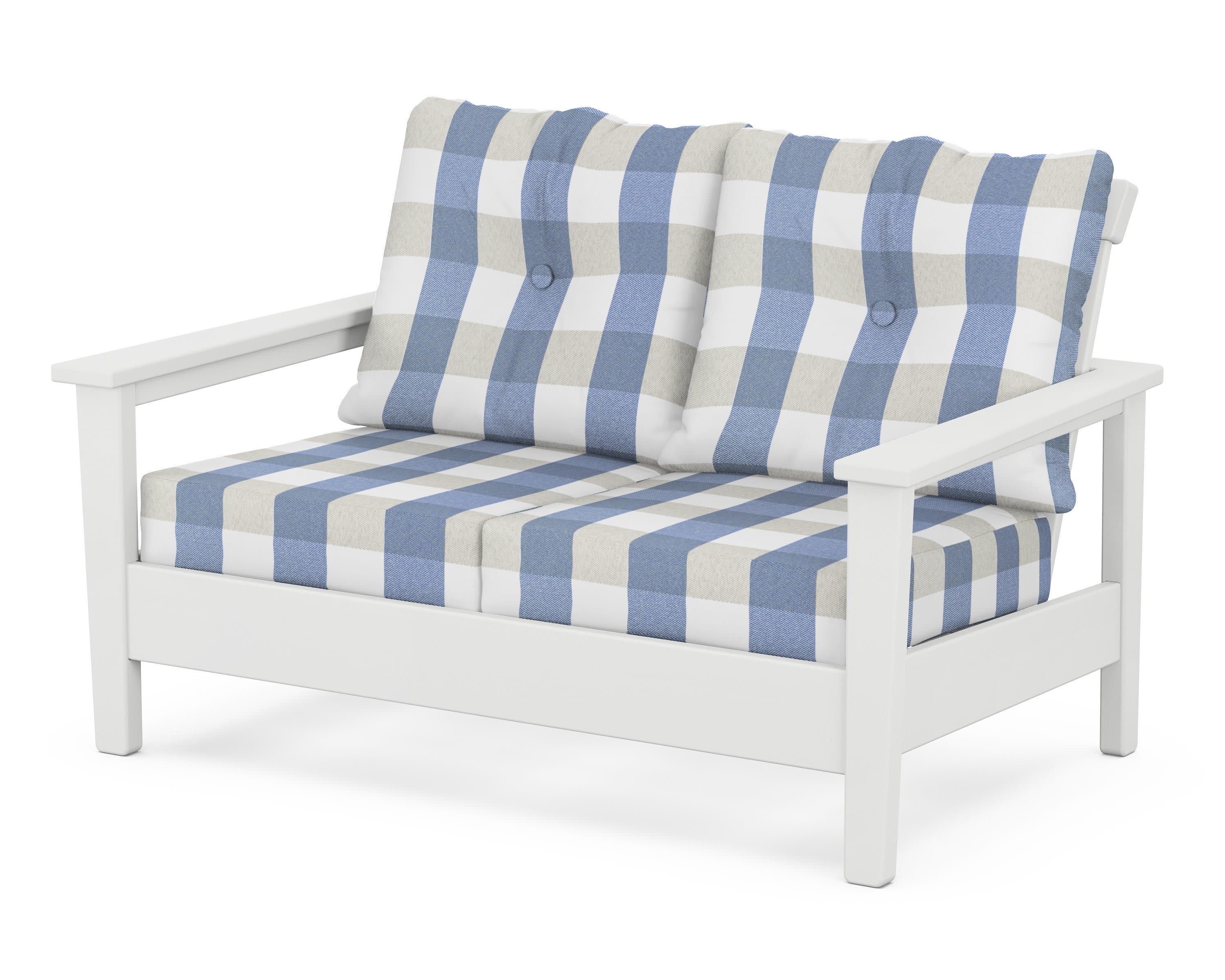 Prescott Deep Seating Loveseat in White / Buffalo Plaid Sky Blue