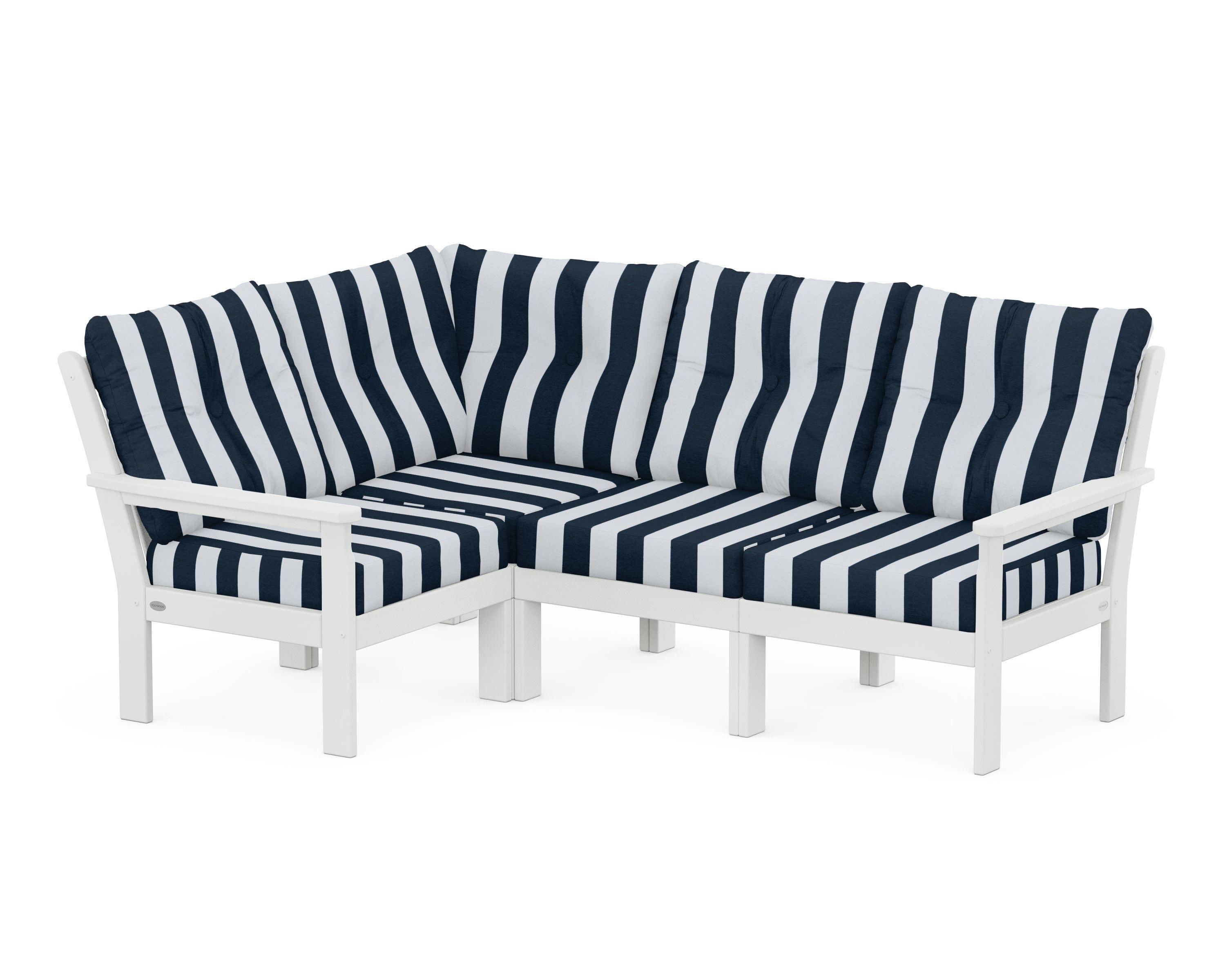 Vineyard 4-Piece Sectional in White / Cabana Stripe Marine Indigo