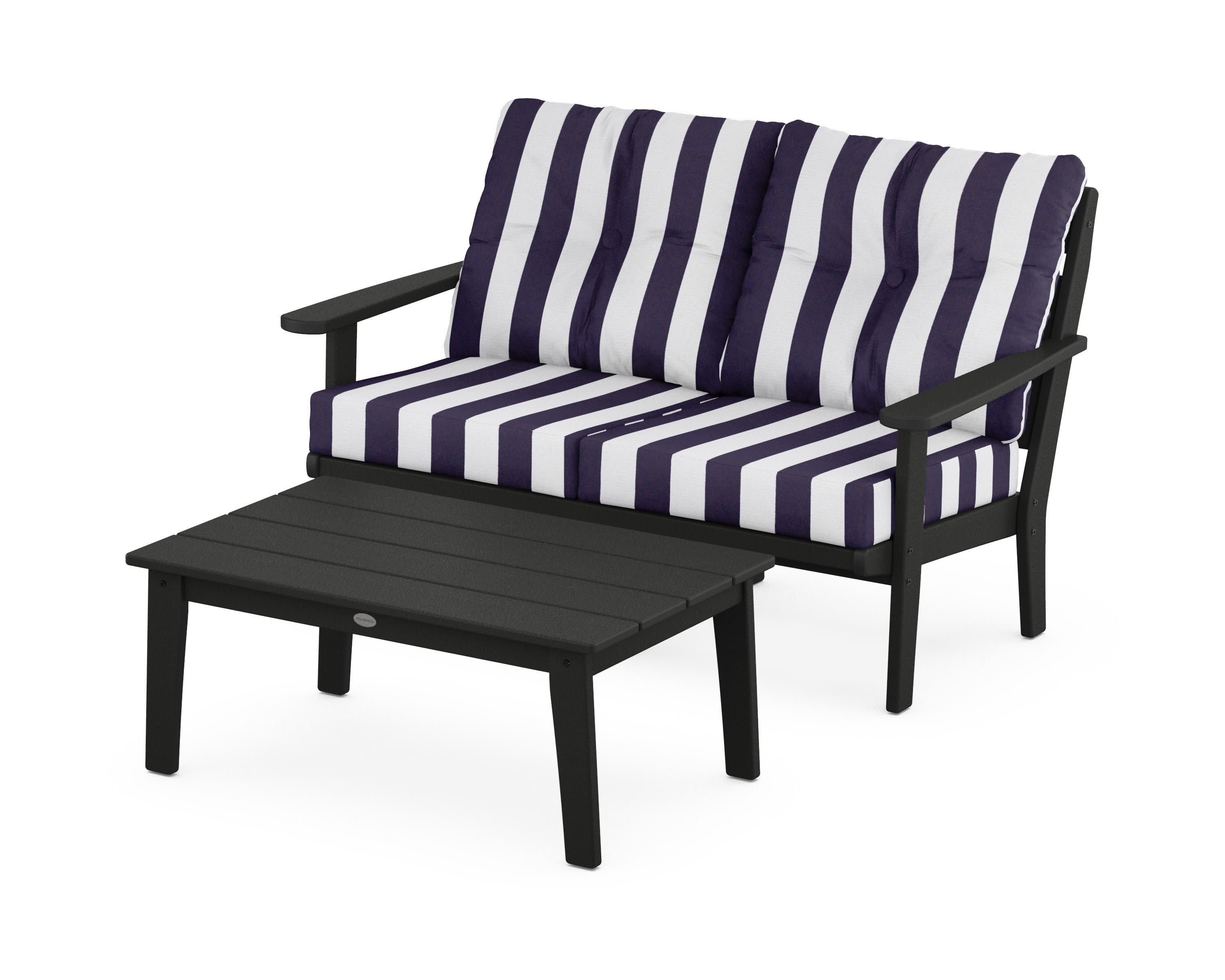Lakeside 2-Piece Lounge Loveseat Set in Black / Cabana Stripe Navy
