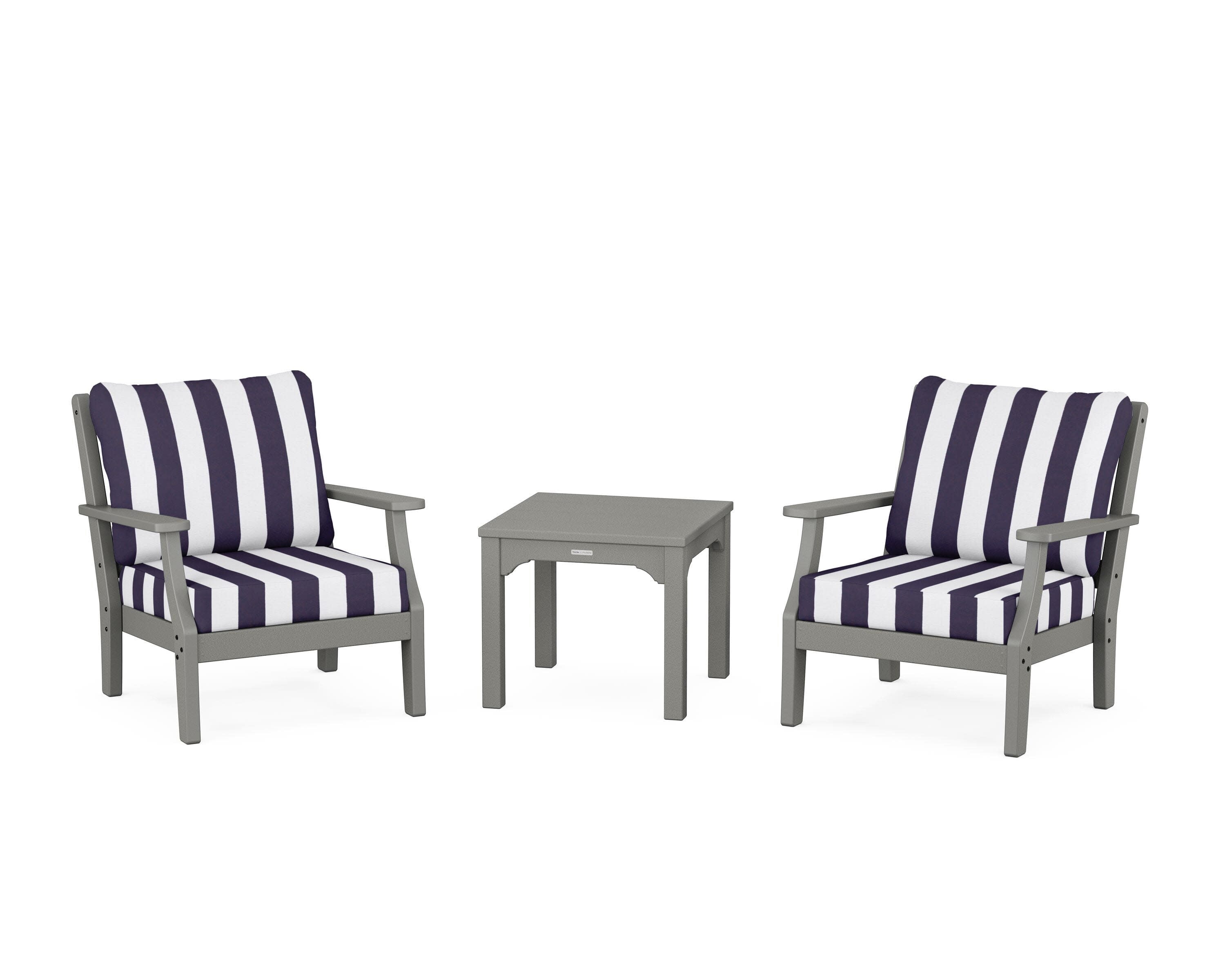 Chinoiserie 3-Piece Deep Seating Set in Slate Grey / Cabana Stripe Navy