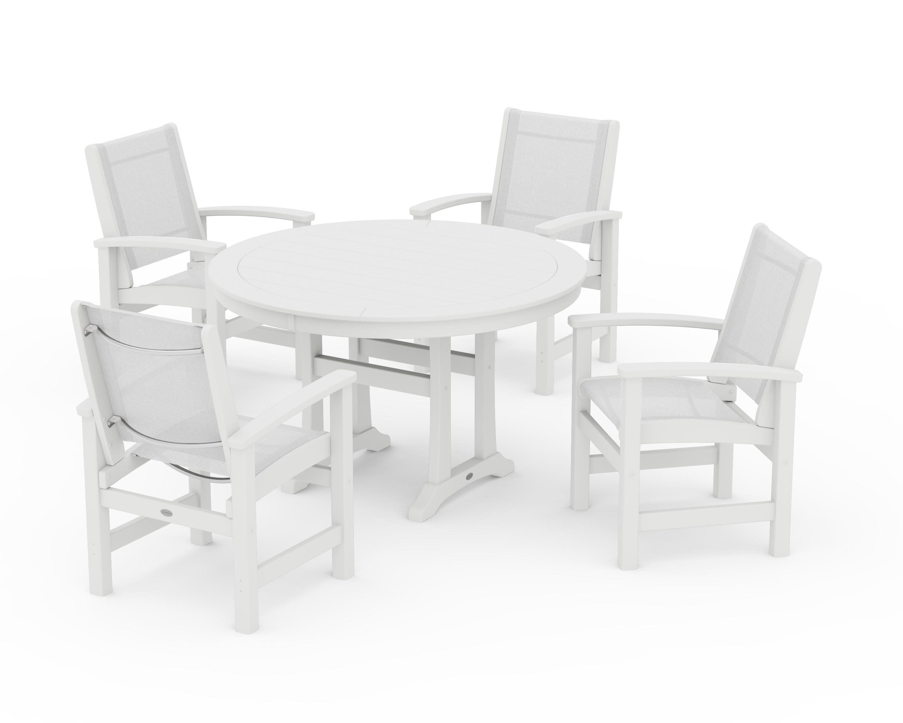 Coastal 5-Piece Round Dining Set with Trestle Legs in White / White Sling