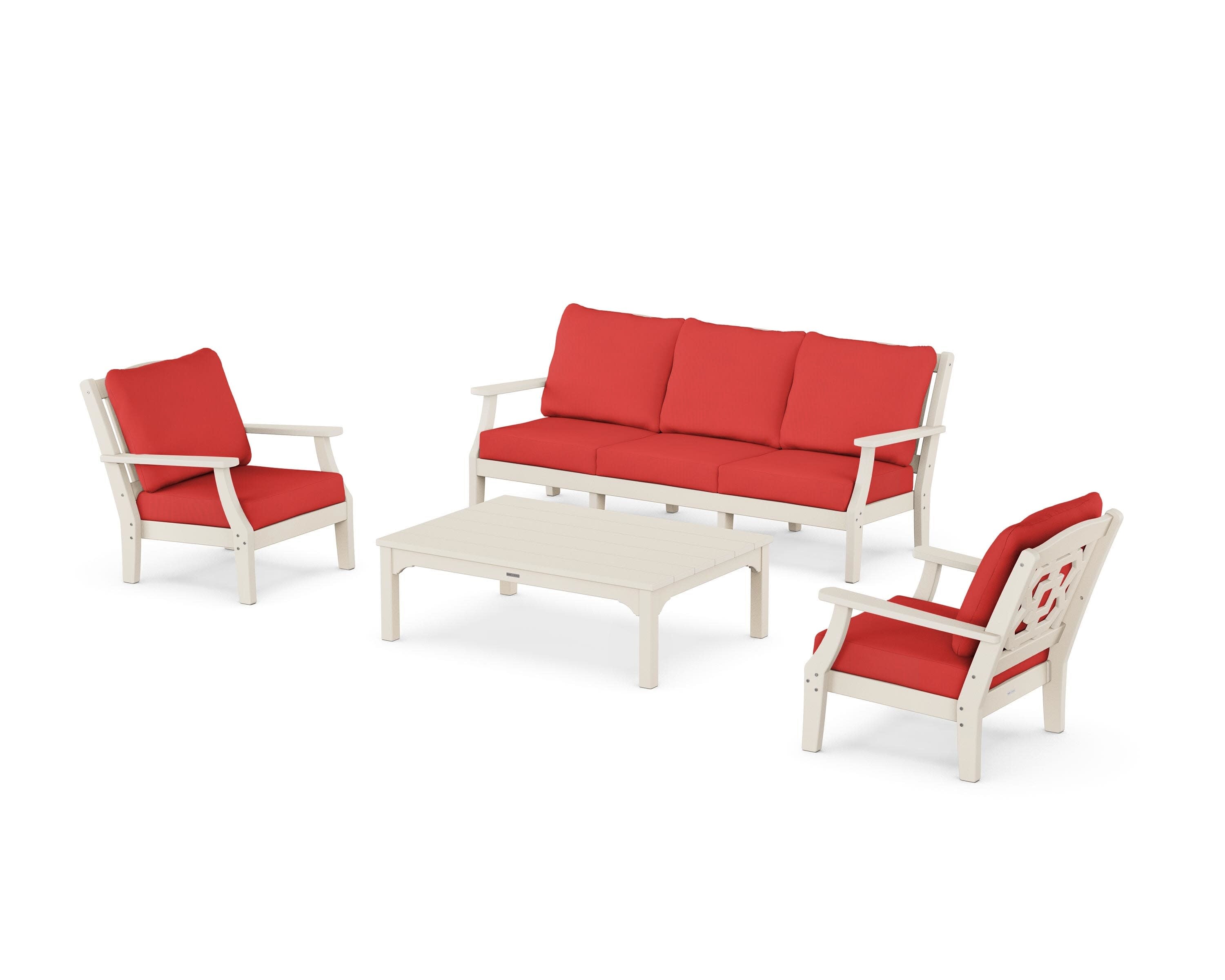 Chinoiserie 4-Piece Deep Seating Set with Sofa in Sand / Crimson Linen