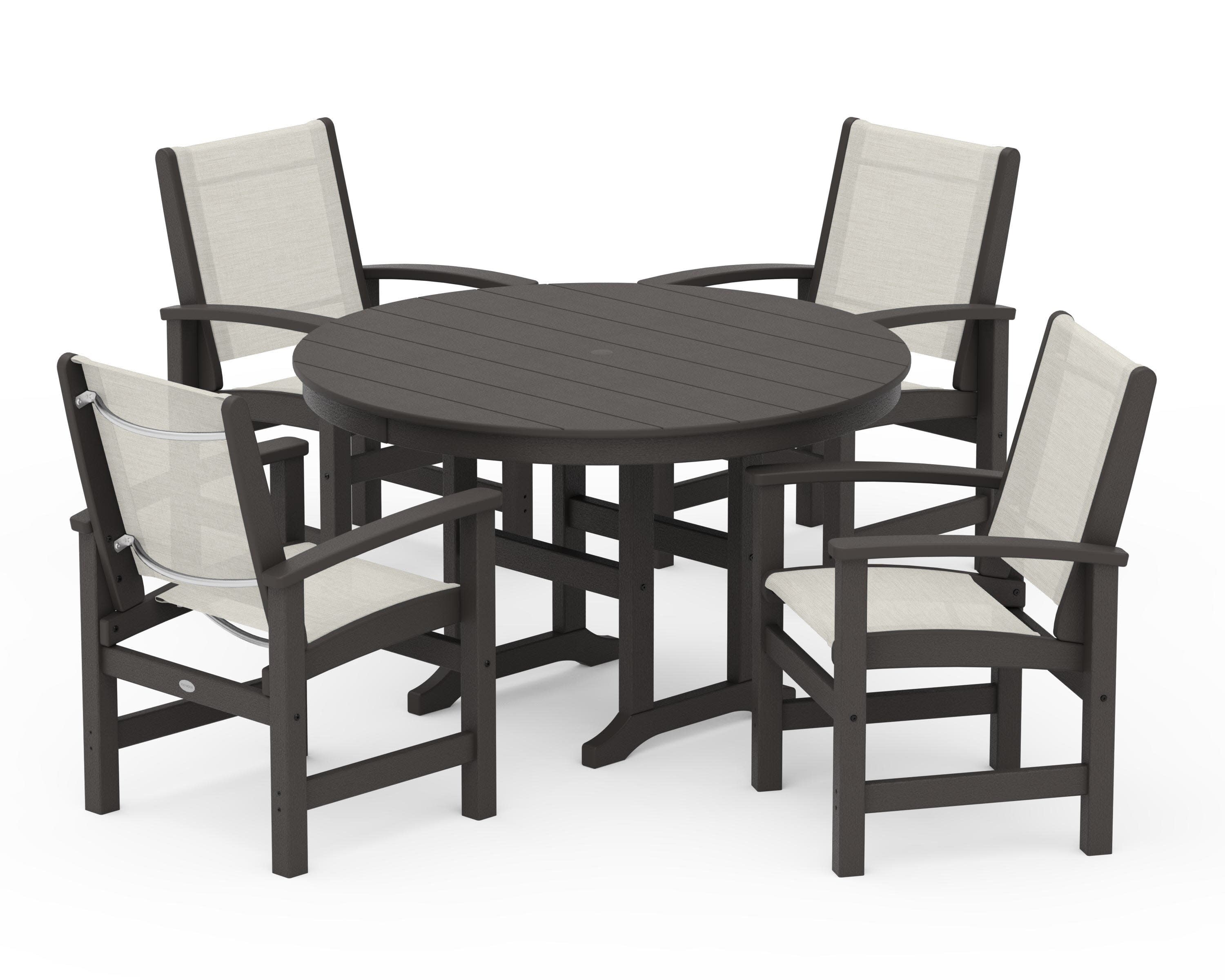 Coastal 5-Piece Round Farmhouse Dining Set in Vintage Coffee / Parchment Sling